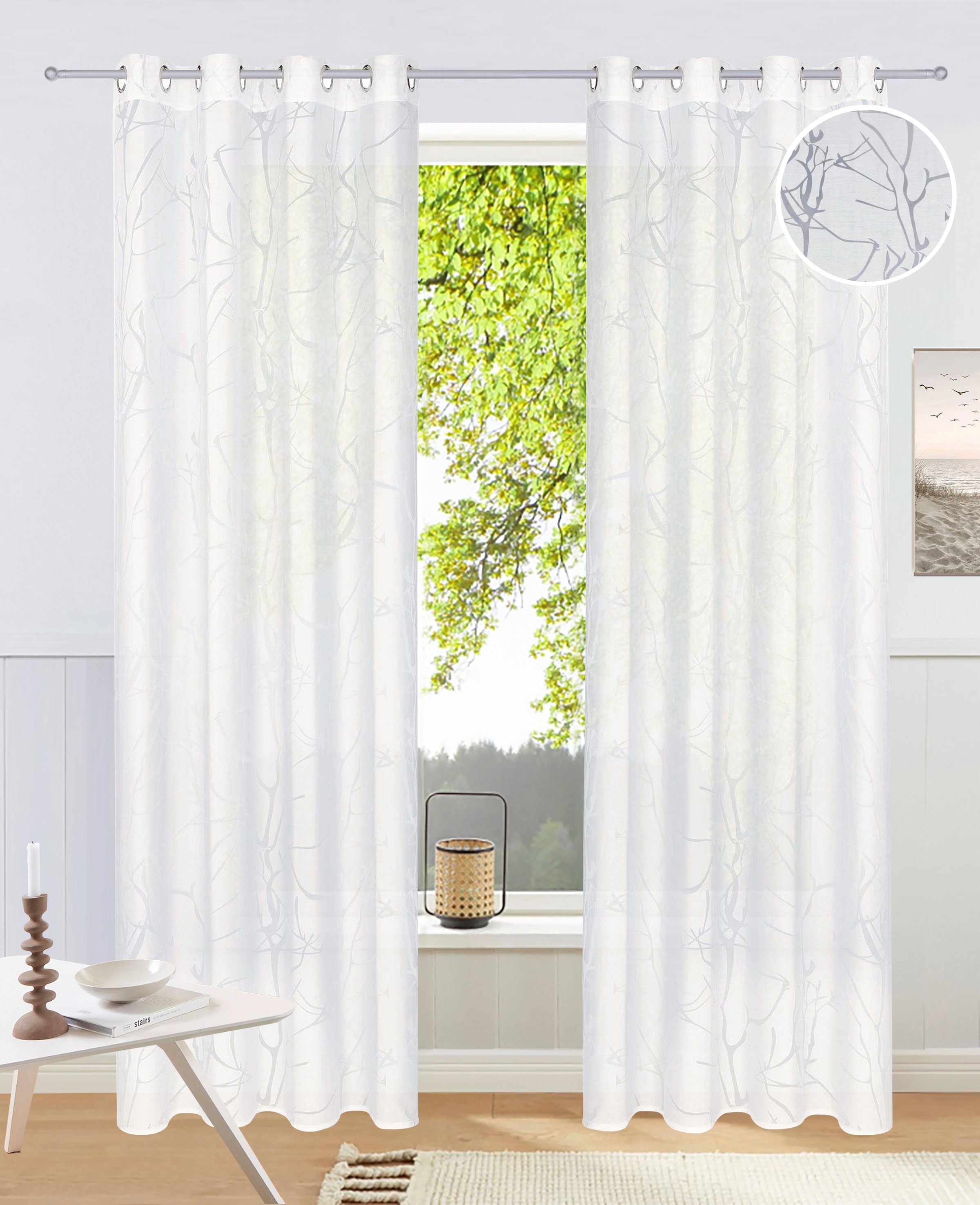 Image of GOODproduct Gardine "Anna" Ösen 1 Stk. tlg. Bestseller, Äste-Motiv, Viskose, Polyester