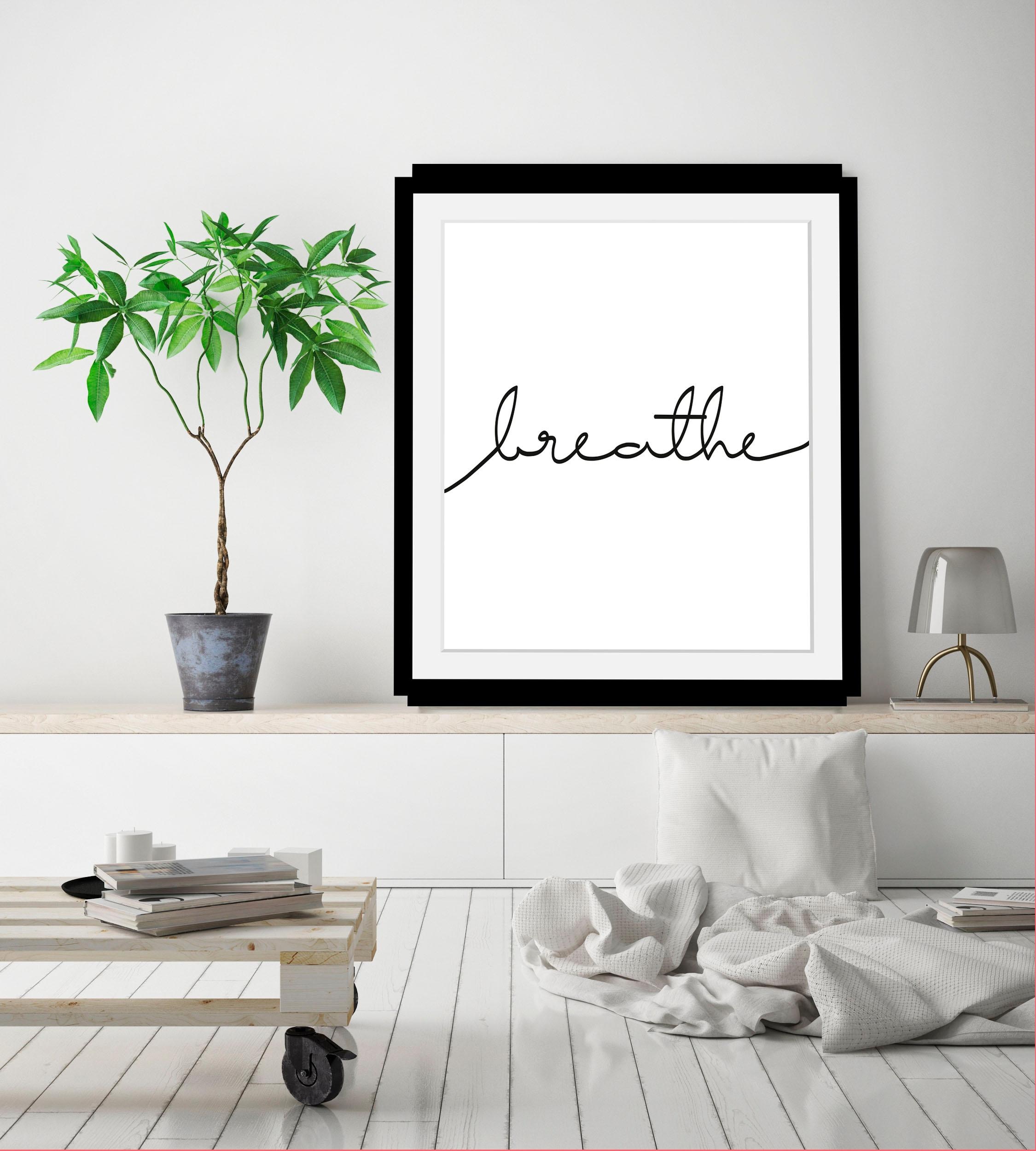 queence Bild »Breathe«, Schwarz-Weiss-Schriftzug-Motivationsbilder-Spa-Spa Bilder, HD Premium Poster-Druck inkl. Holzrahmen