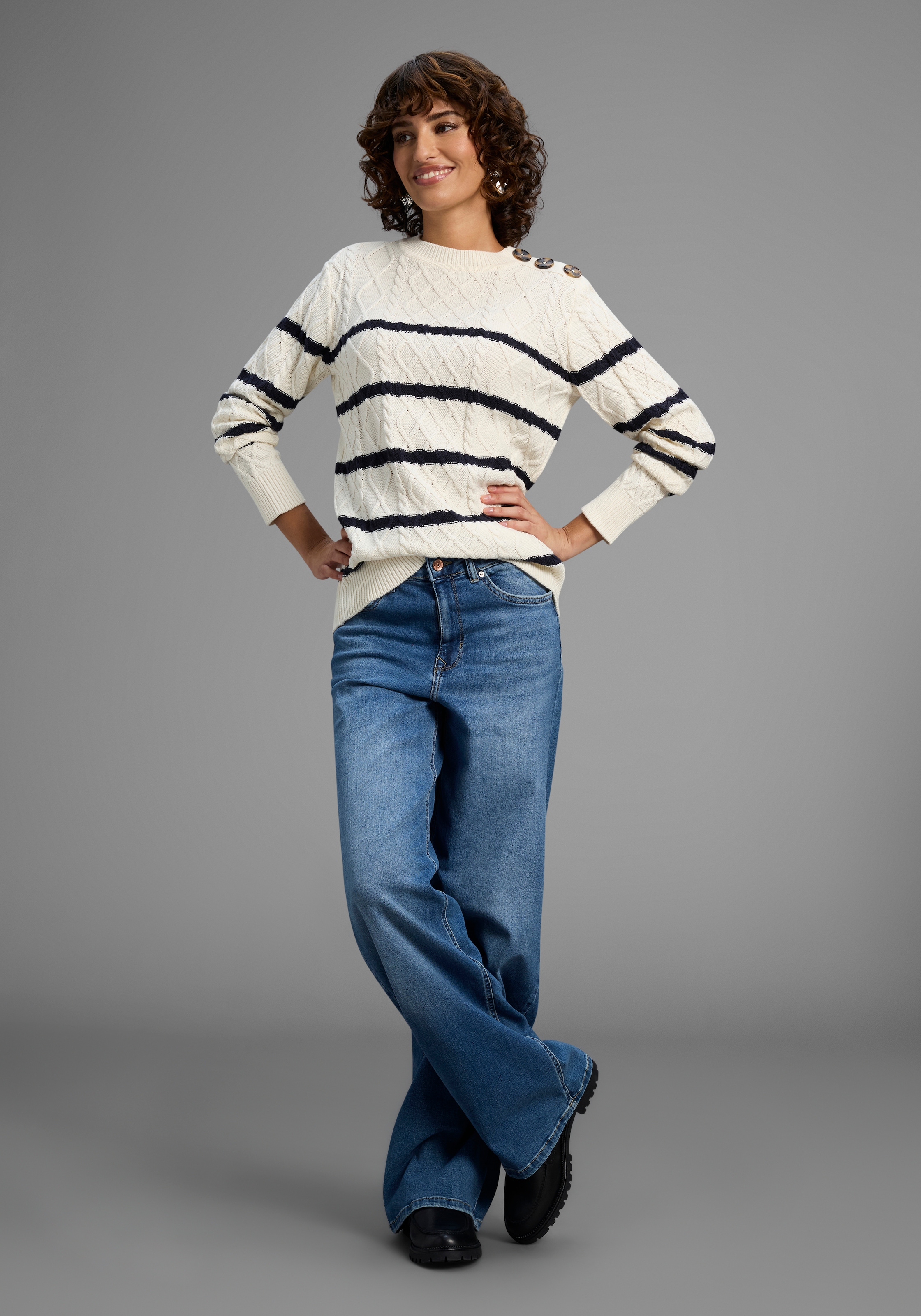 Laura Scott Rundhalspullover Übergangspullover mit Zopfmuster und Streifen - NEUE KOLLEKTION