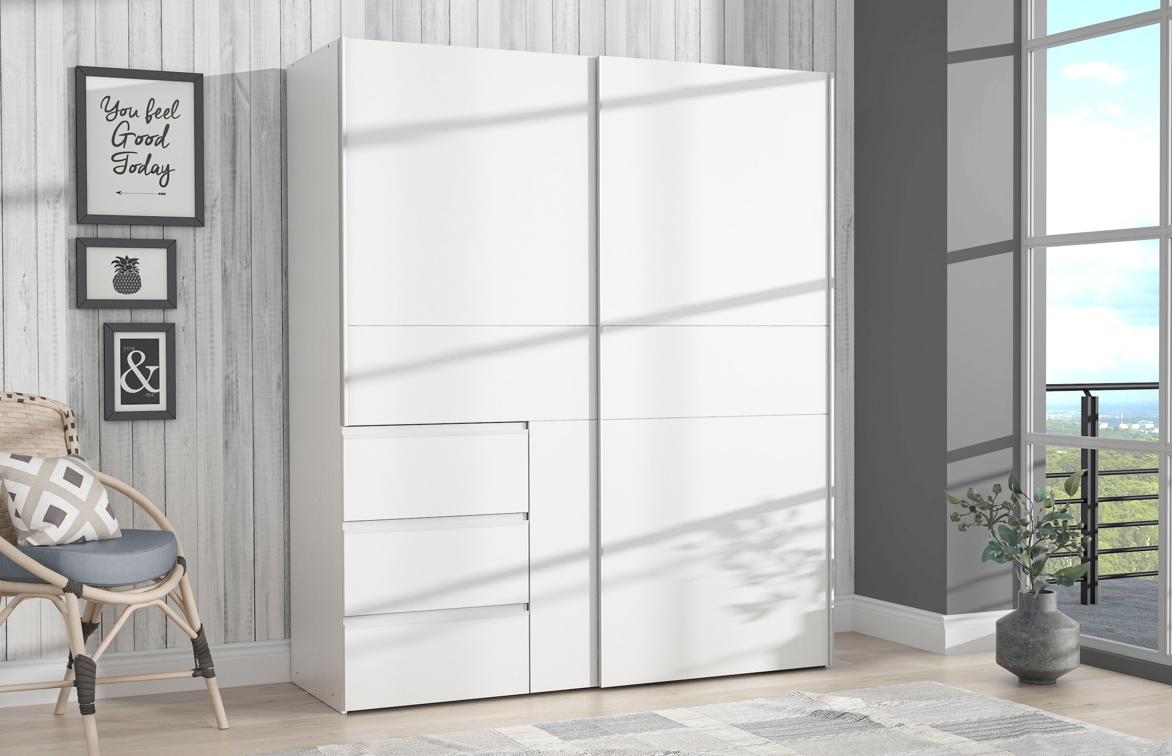 FORTE Schwebetürenschrank »Winn, Schiebetürenschrank mit 3 Schubladen, Made in Europe« In 2 Grössen erhältlich - B/H/T ca. 170x200,5x61cm und 200x200,5x61cm,  verschiedene Grössen und Farben, sehr viel Stauraum