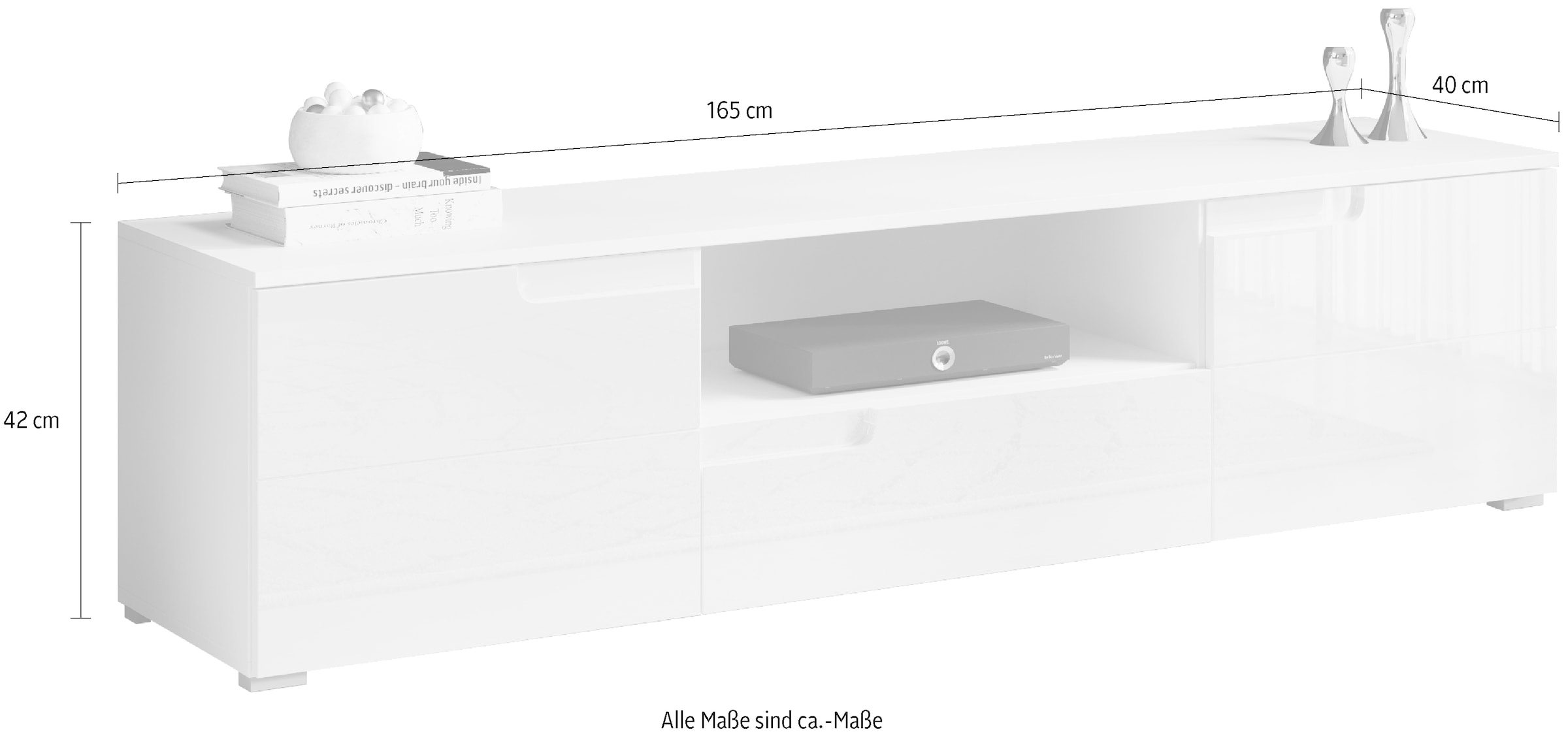 HBZ Lowboard »Spice weiss Hochglanz, TV Schrank bis 65 Zoll, BxHxT 165x42x40 cm«, (1 St.), Mit 2 Türen, 1 Schubkasten, 1 Kabeldurchführung, 1 offenes Fach