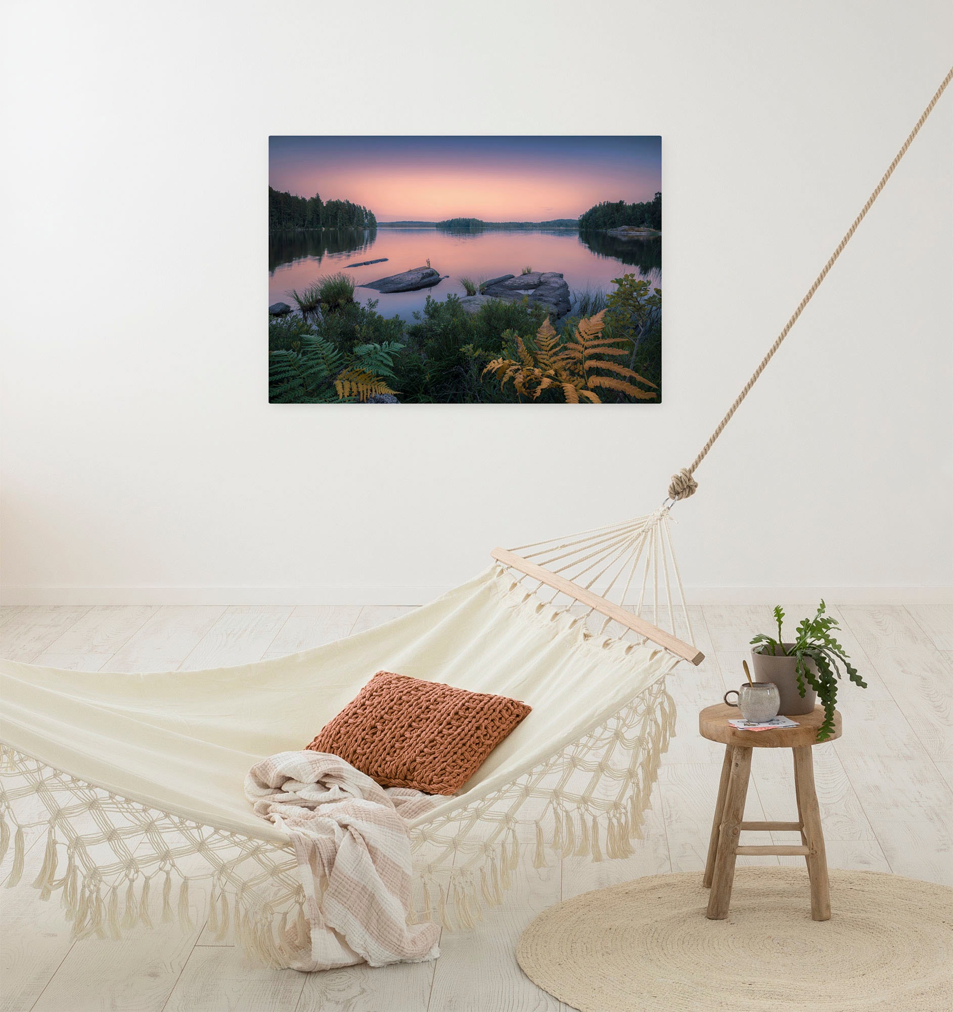Image of Komar Leinwandbild "Swedish Blues - Grösse 90 x 60 cm" Baum Berge Blumen Blätter Foto Jahreszeiten Landschaft Meer Natur Palmen Strand Packung, 1 Stk. tlg. Keilrahmenbild mi Echtholzrahmen