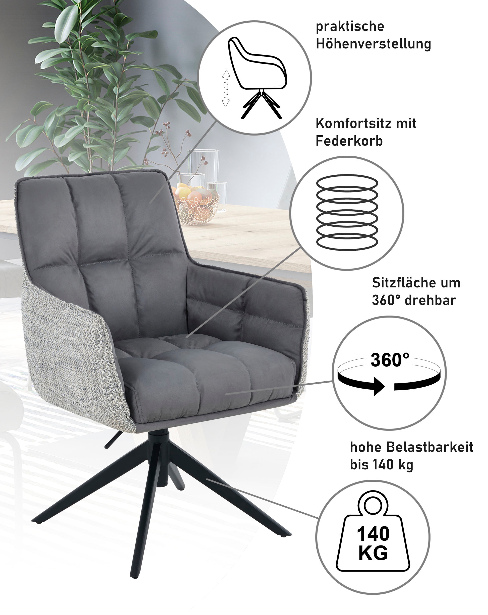 HELA Drehstuhl »POMBA« () 1 Stk.360° drehbar, höhenverstellbar, Federkorb, Armlehnen, 140kg belastbar