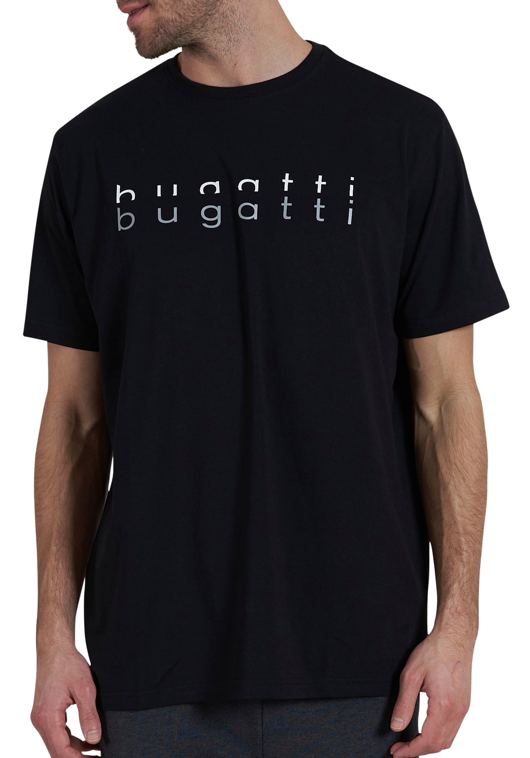 Image of bugatti T-Shirt "Palermo" Kurzarm, Rundhalsausschnitt, mit Logo, bequem, leicht, Baumwollmix