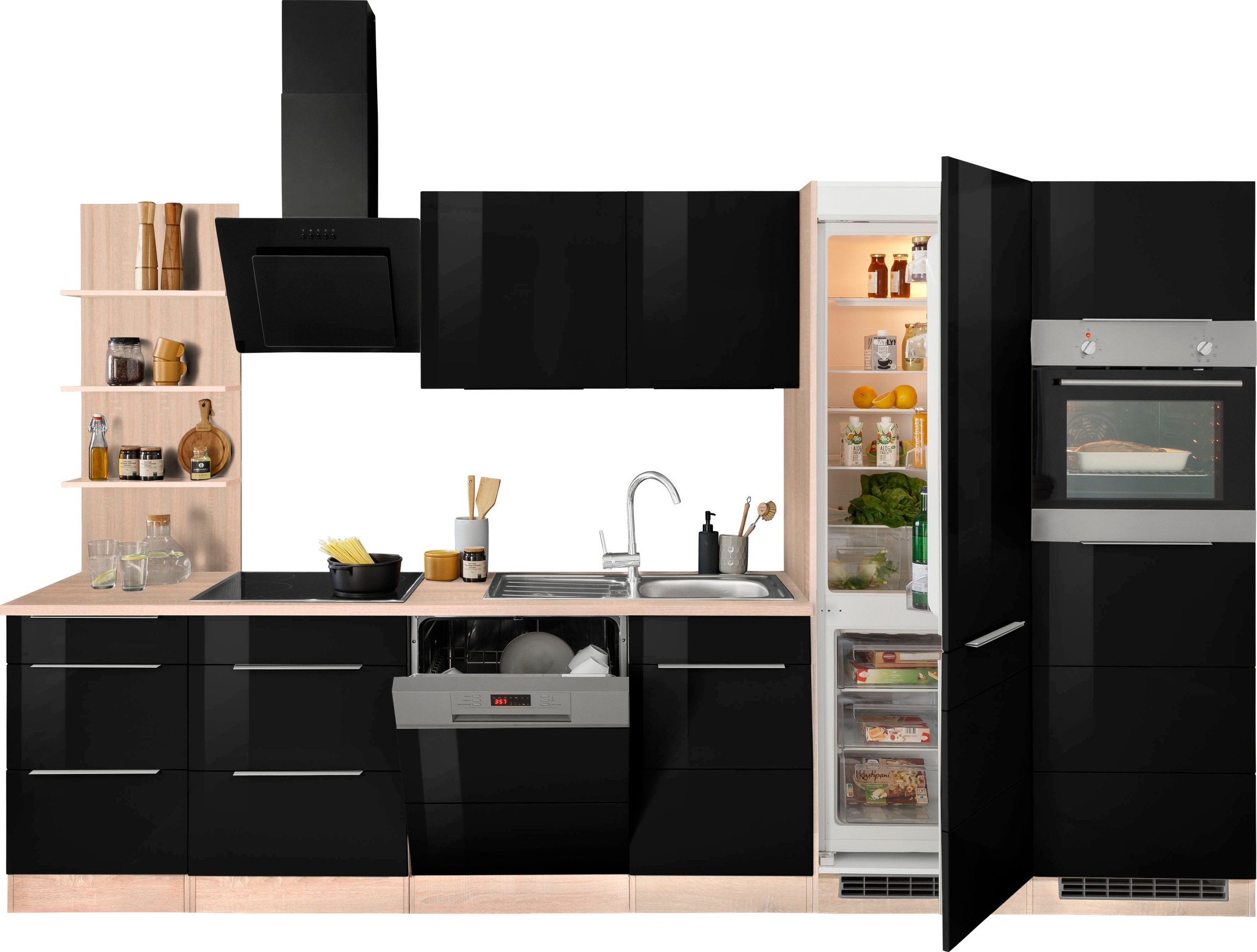 KOCHSTATION Küchenzeile "KS-Brindisi Breite 340 cm" wahlweise mit E-Geräten und Induktion, mit MDF-Fronten und Regal