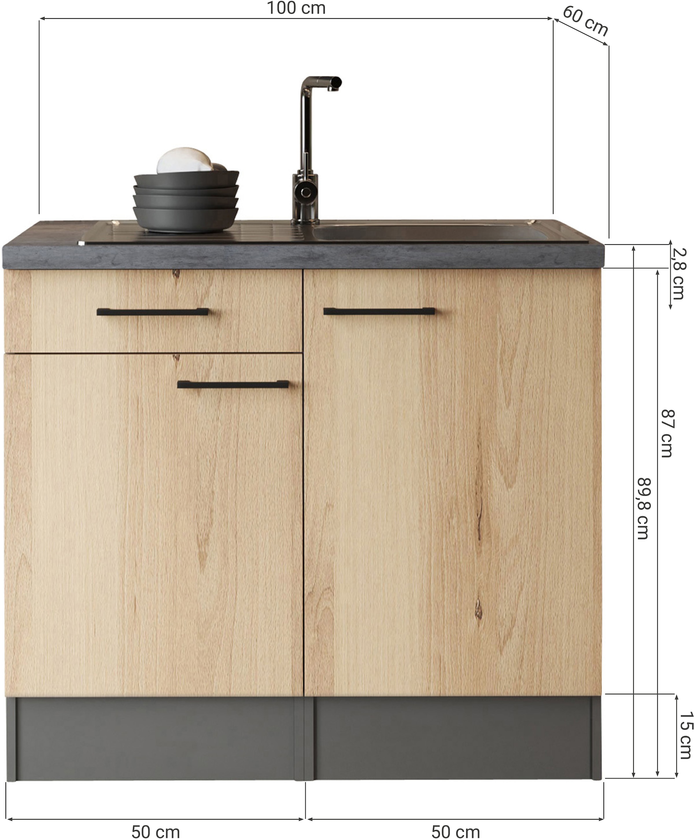 RESPEKTA Kitchenette »Oliver« démonté, avec évier en acier inoxydable, avec fonction soft-close, largeur 100 cm