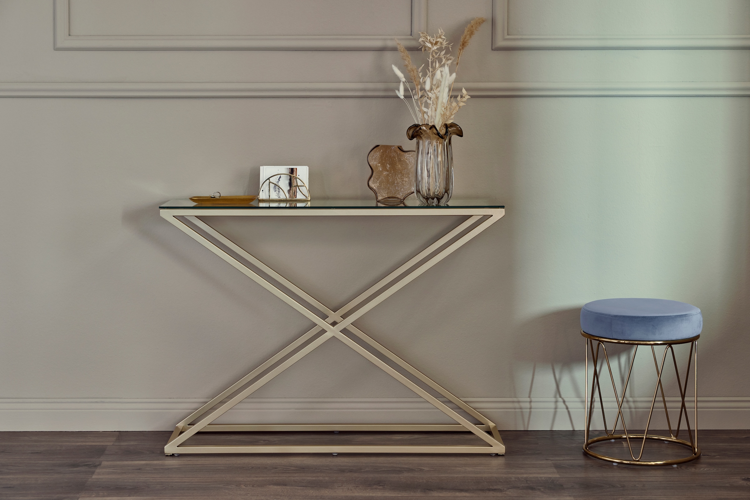 Image of Jahnke Konsolentisch "XTRA CONSOLE" 1 Stk. tlg. Konsole/Beistelltisch in Gold-Look, aus Sicherheitsglas gefertigt