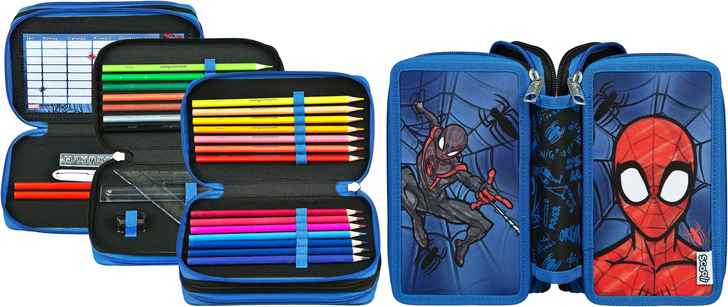 Image of Scooli Federmäppchen "Tripledecker, Spider-Man" befüllt, inklusive Geodreieck