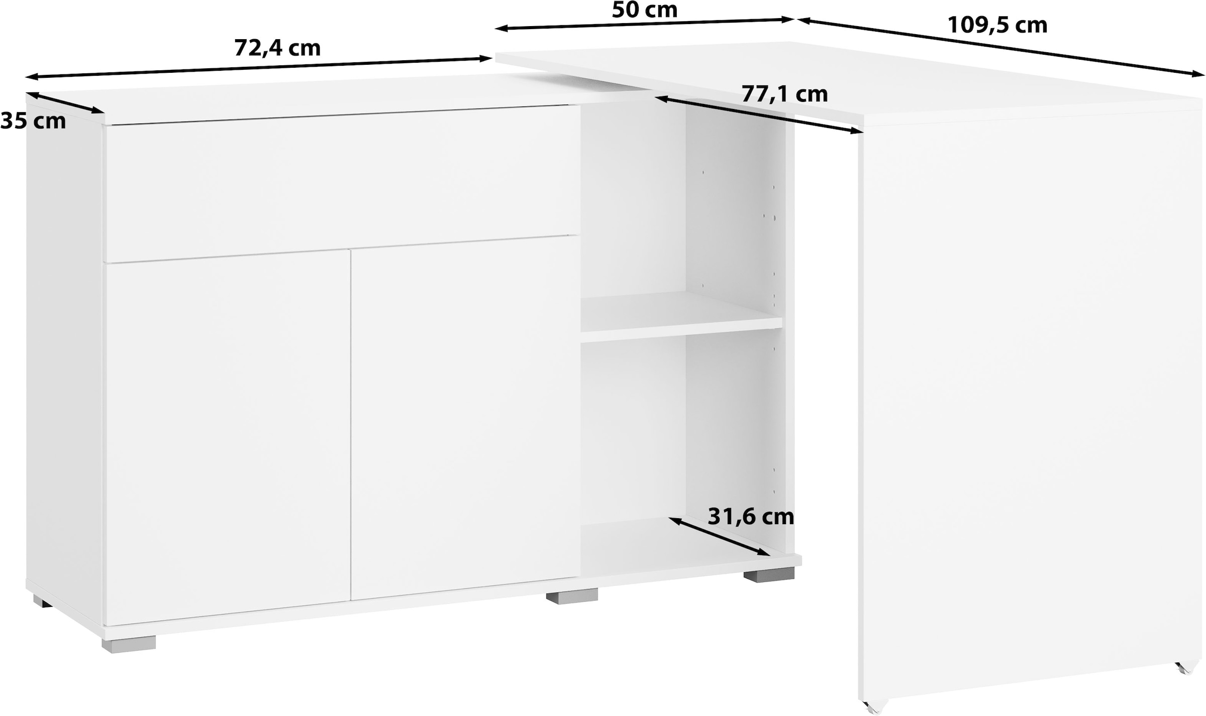 GOODproduct Schreibtisch »Kenia mit drehbarer Tischplatte 90°/180°, B/H/T: 109,5/75/50 cm« 1 Stk. tlg. Schublade & Türen mit Push-to-open, 2 höhenverstellbare Böden
