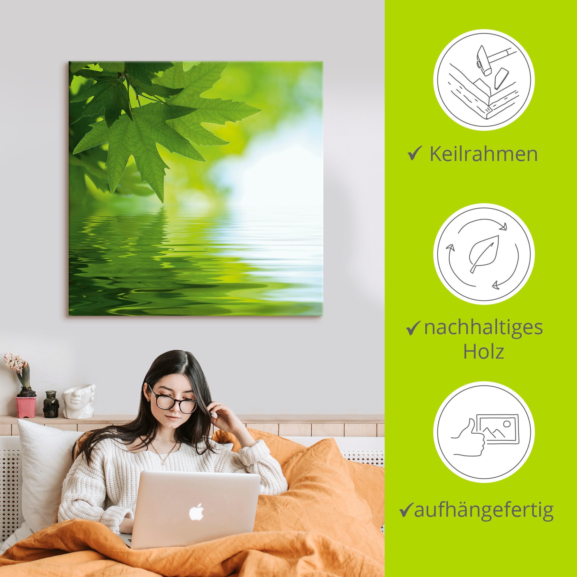 Artland Wandbild »Grüne Blätter reflektieren im Wasser«, Blätter, (1 St.), als Leinwandbild, Poster, Wandaufkleber in verschied. Grössen