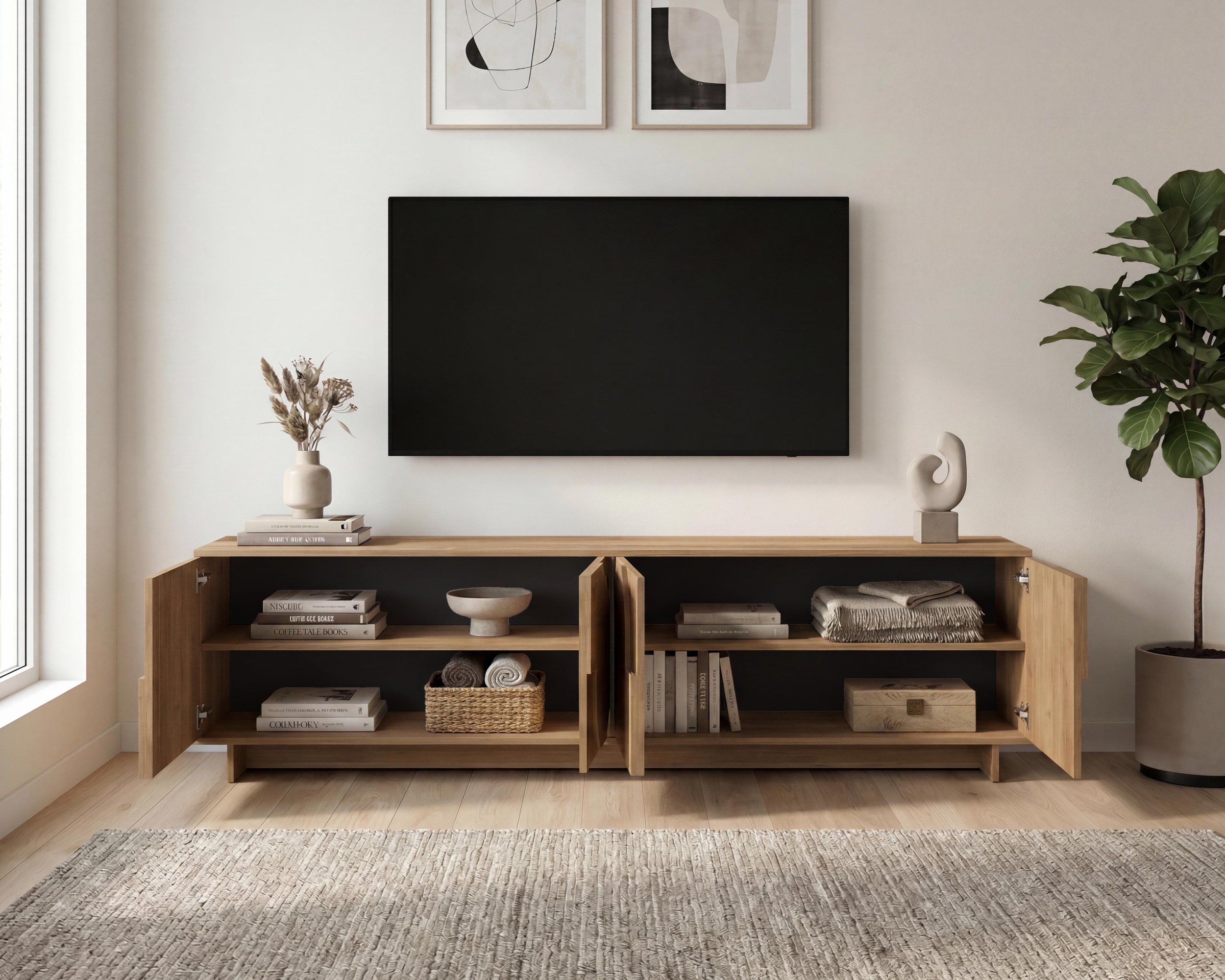 Home affaire Table basse »Zen, 205 cm breit, 4 Türen, Mediaboard, TV-Schrank, TV-Board« ouverture par pression, façades 3D, structure bois Mercure, beaucoup de rangement,