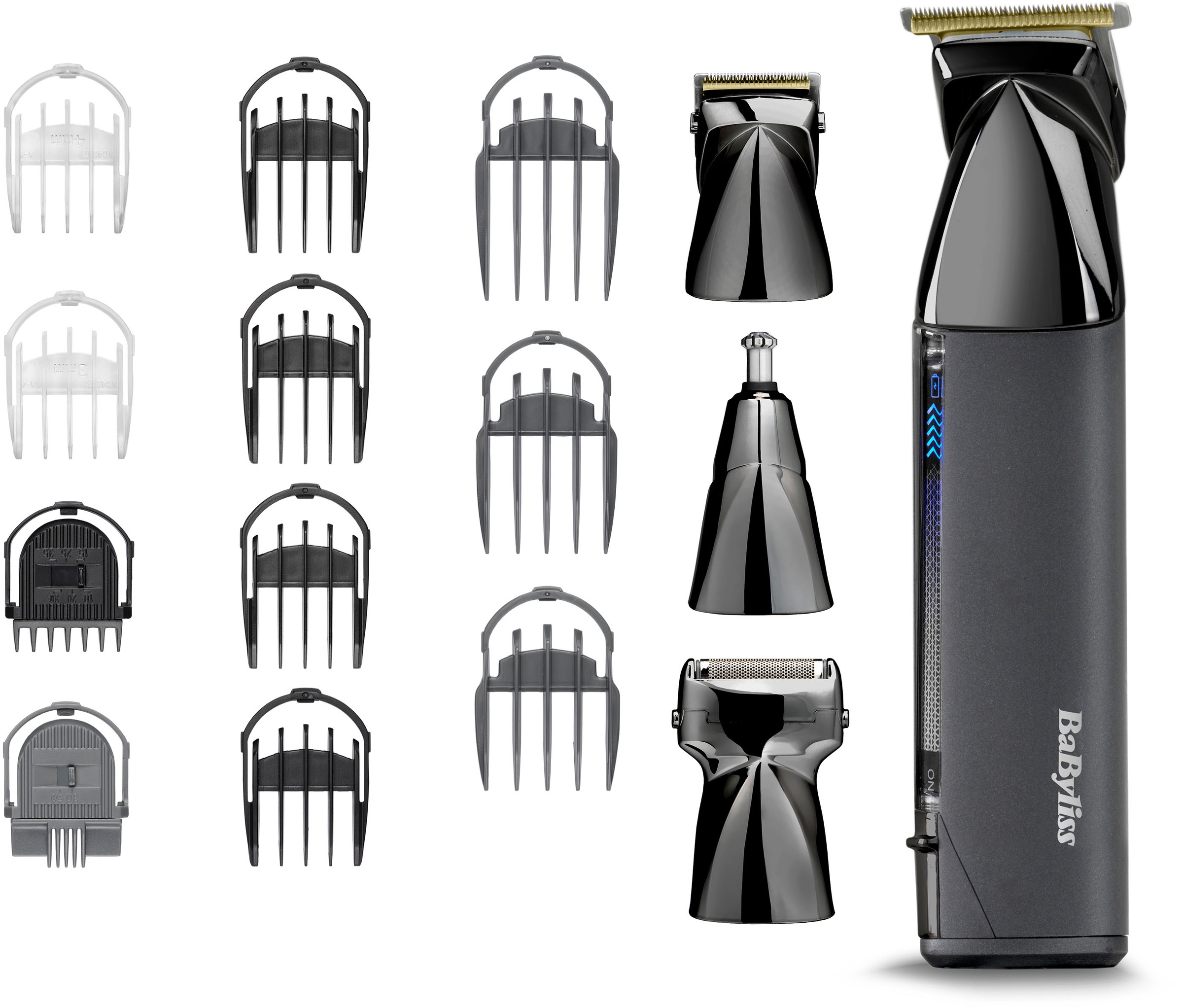 Image of BaByliss Multifunktionstrimmer "BaByliss Super-X Metal 15-in-1 Multitrimmer für Bart & Körper, MT991E" 4 Aufsätze Titan-Klinge, 15 Aufsätze und Kammführungen, USB-Ladestation, kabellos
