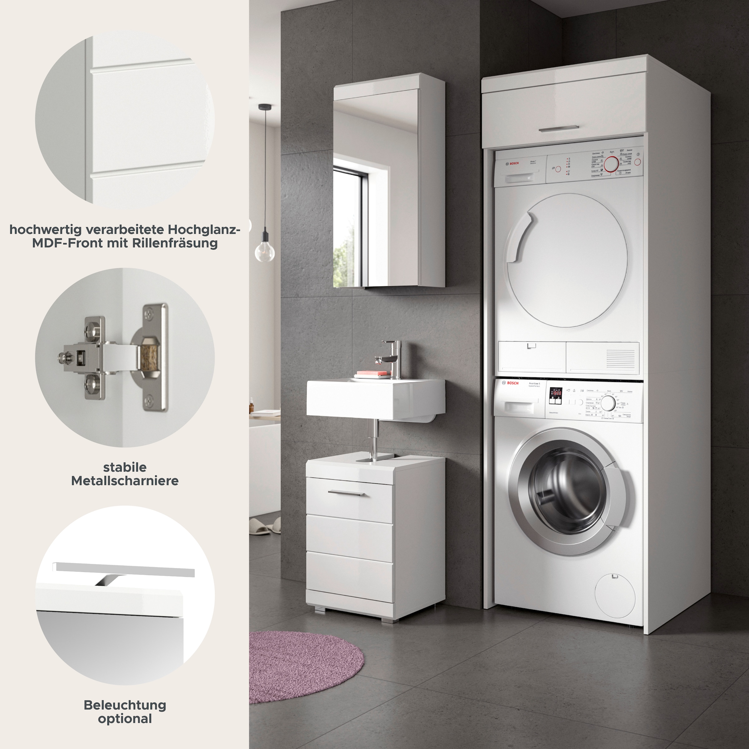 welltime Ensemble de meubles de salle de bain »SIENA, 3-tlg., WBU, Spiegelschrank & Waschmaschinenschrank, MDF-Front«
