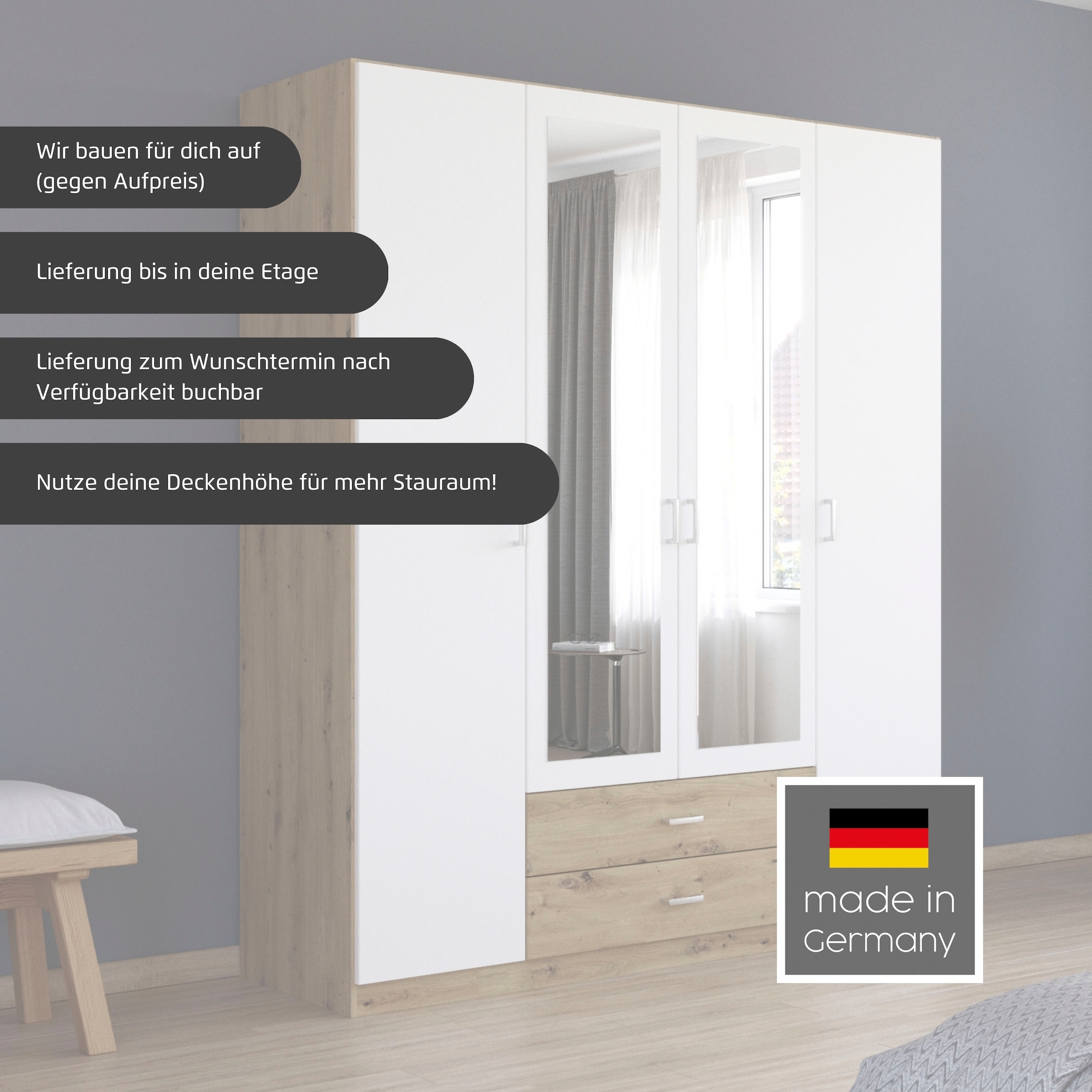 rauch Armoires à vêtements »Schrank Garderobe Ankleide GAMMA Breiten 91/136/181/226/271/315/360 cm« En 3 configurations BASIC/CLASSIC/PREMIUM (avec fonction SOFT-CLOSE),  différentes variantes de poignée, avec miroir TOPSELLER MADE IN GERMANY