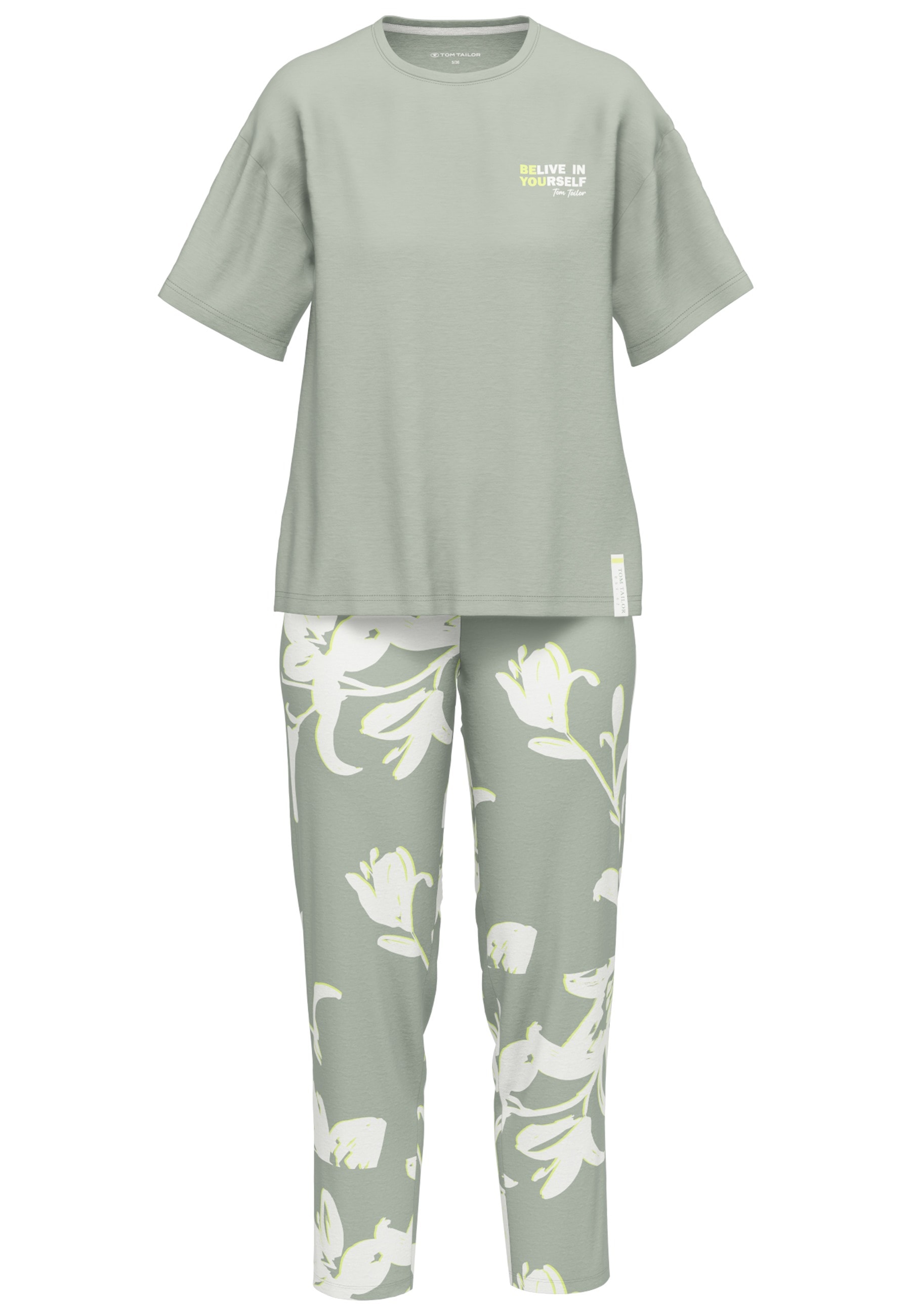 TOM TAILOR Capri-Pyjama »Kenmare«, (2 tlg.), Uni Oberteil, Hose mit floralem Muster