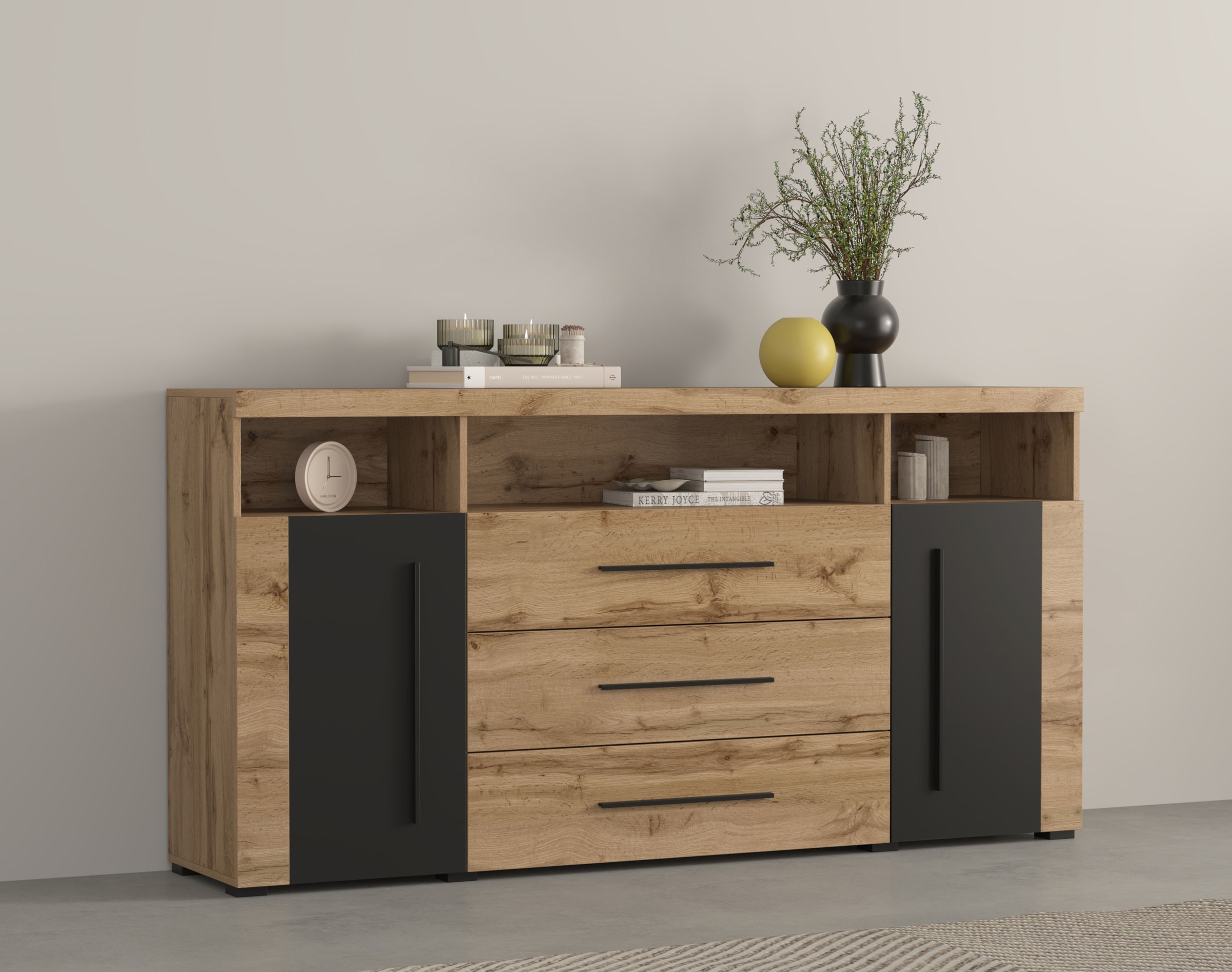 Image of GOODproduct Sideboard "Roger,Breite 182cm, stilvolle Schrank, 2 Holztüren 3 Schubladen" Kommode mit viel Stauraum, Einlegeböden verstellbar