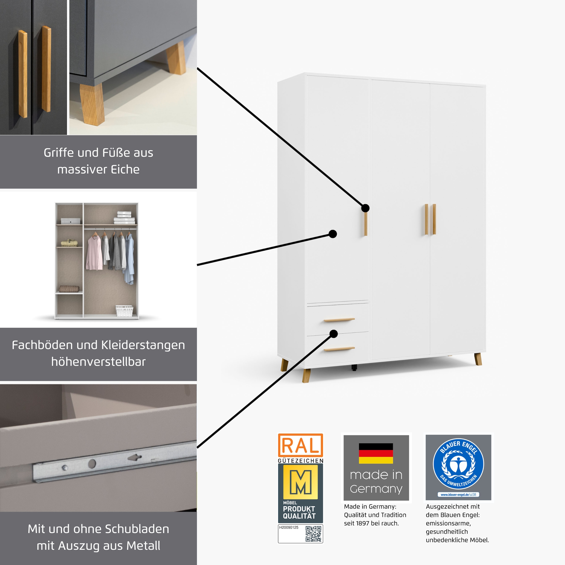 rauch »Kleiderschrank Schrank Garderobe SHINJO Breiten 93/140/187 cm« En 3 configurations différentes BASIC/CLASSIC/PREMIUM,  poignées et pieds en bois massif avec 2 tiroirs MADE IN GERMANY