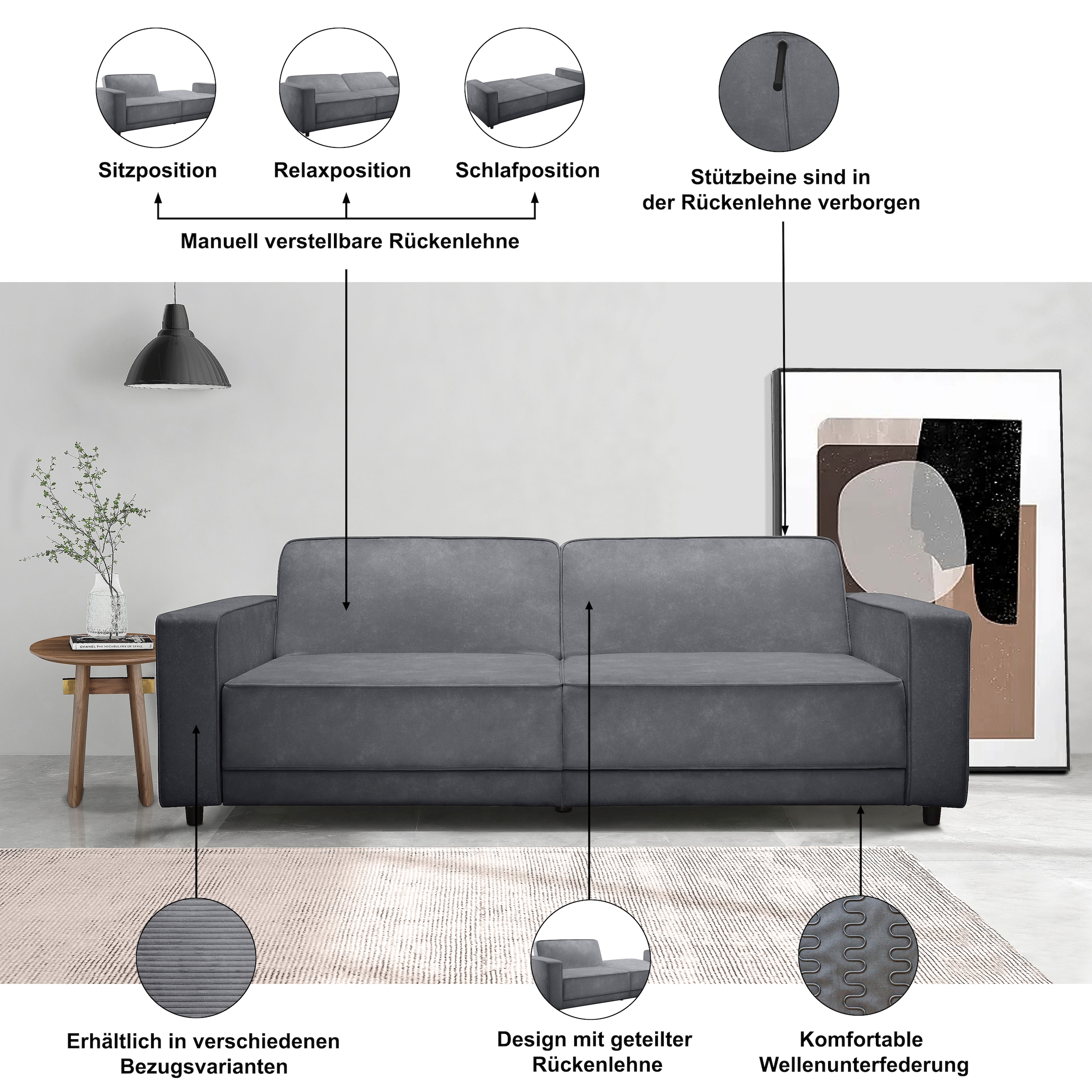 Dorel Home 3-places »ALLIE Schlafsofa 225 cm« Bett-Funktion (108/190cm), trendiger Cord o. pflegeleichter Velours
