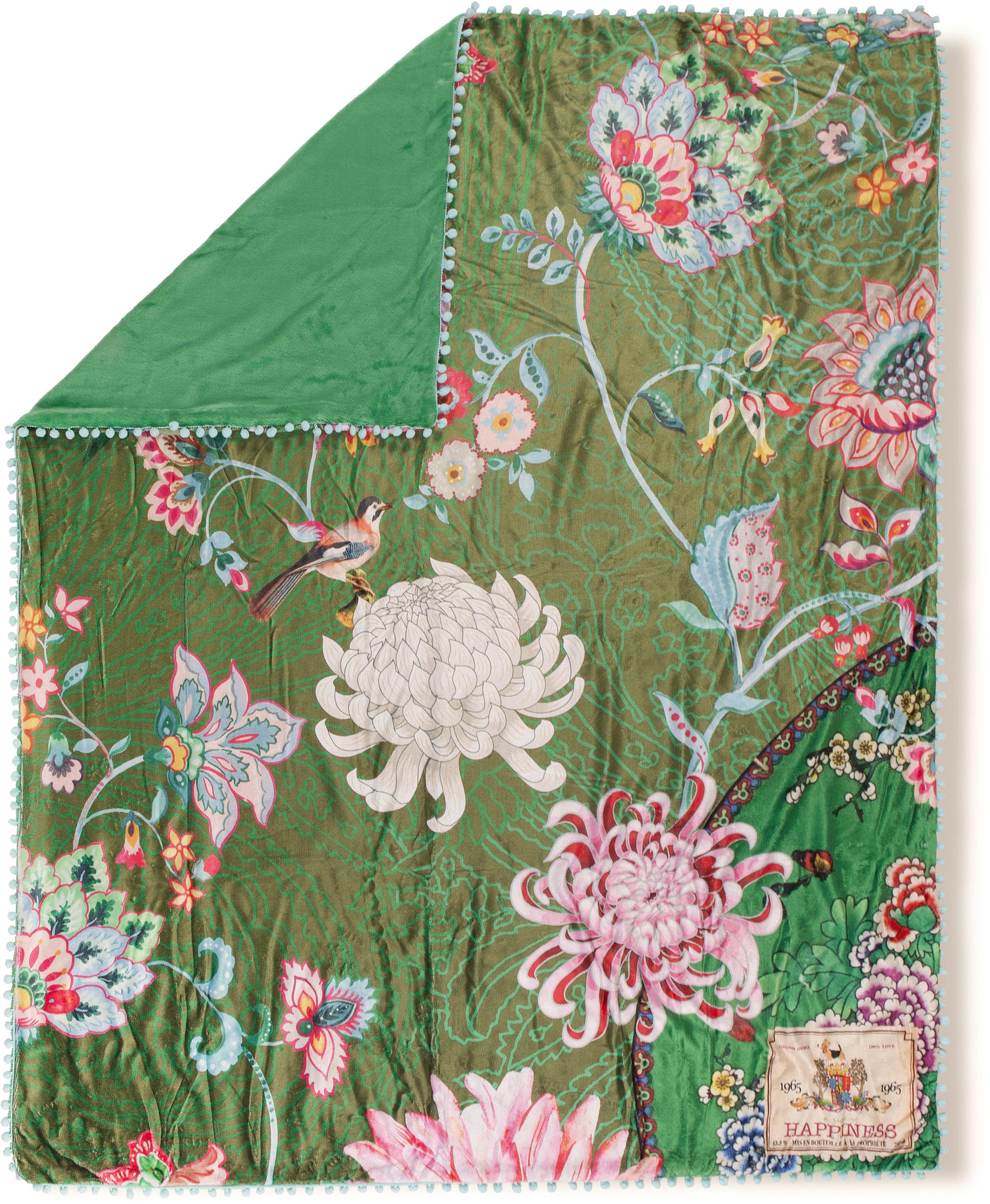 Happiness Plaid »Ming«, Sehr Weich, Kuscheldecke, Mit Pompons, 130x160 cm, Wendeoptik, Blumen