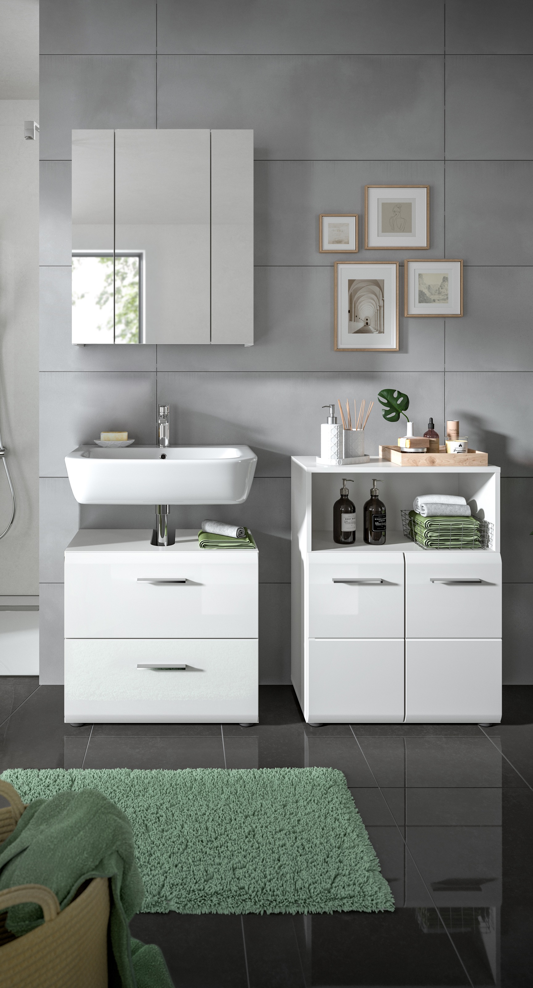 INOSIGN Badmöbel-Set »FLORENZ, TOPSELLER!, 3-teilige Badkombination, hochwertige MDF-Front« Set, best. aus: Waschbeckenunterschrank, Spiegelschrank, Midischrank breit, 