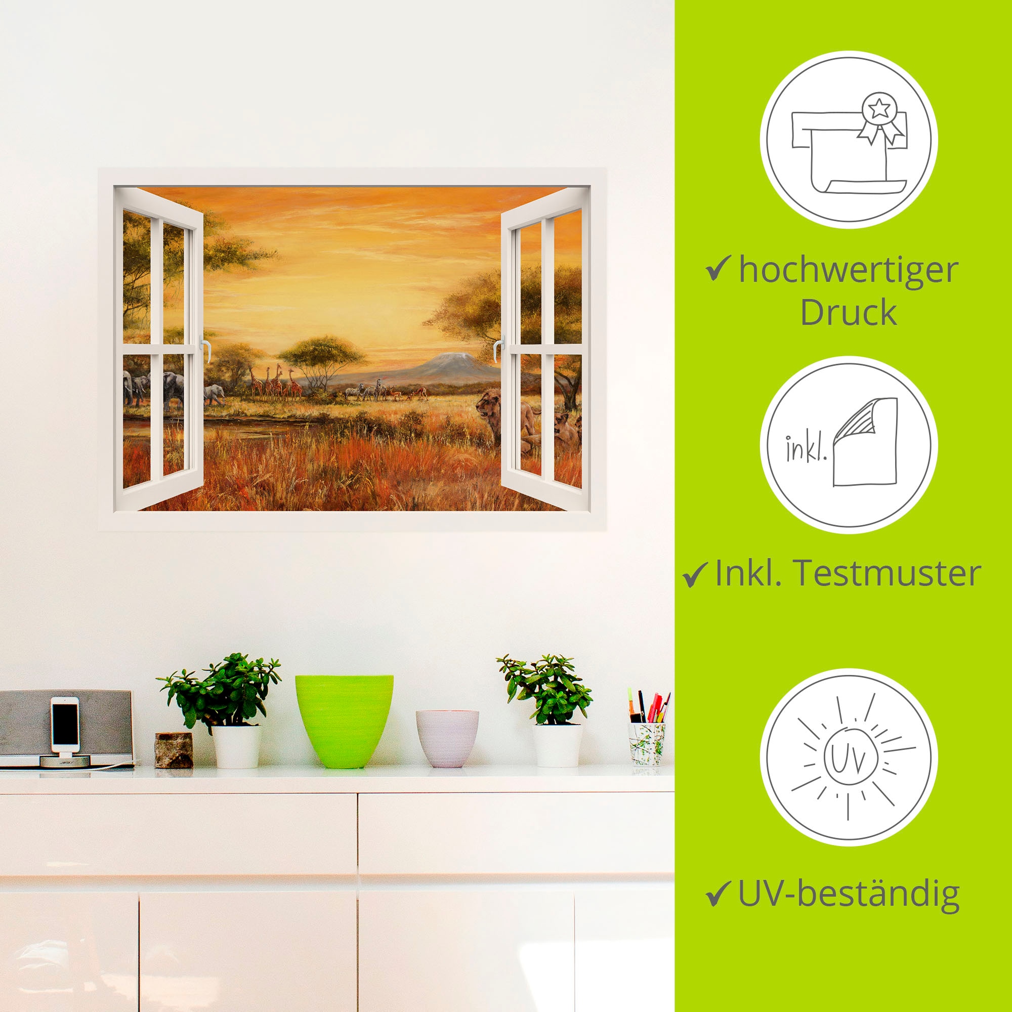 Artland Wandfolie »Afrikanische Steppe Löwen, weiss«, Fensterblick, (1 St.), selbstklebend