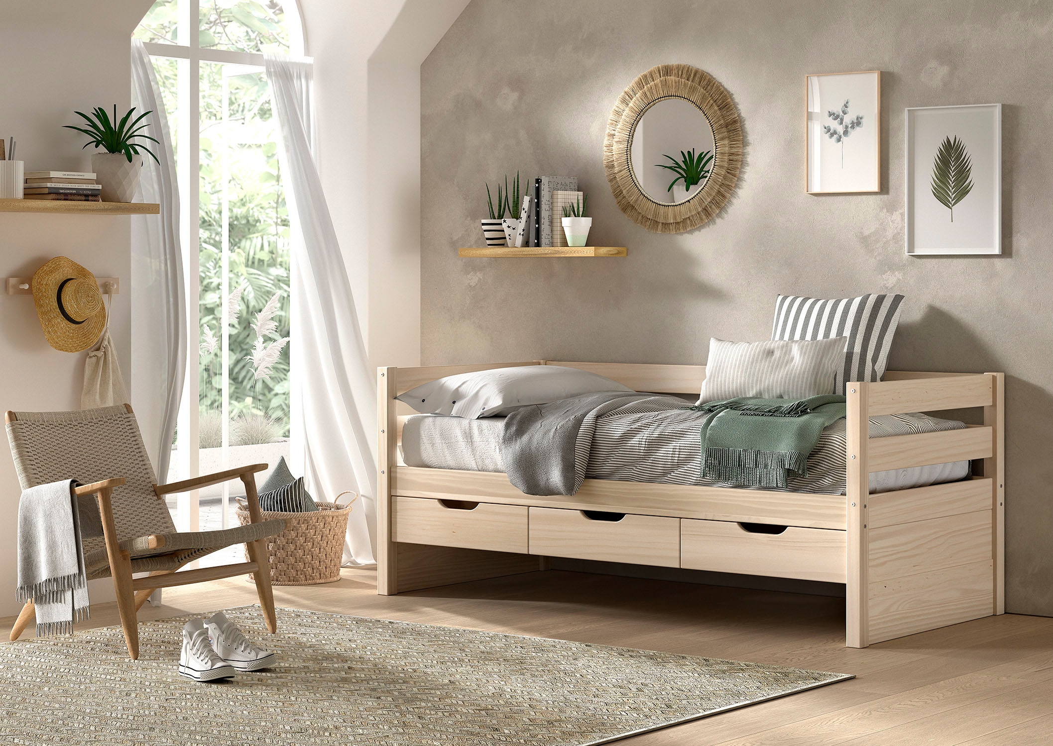 Vipack Funktionsbett »Margrit, mit 3 Schubladen, zeitloses Design universell einsetzbar« Liegefläche 90 x 200 cm, inkl. Rolllattenrost und seitlichem Umbau,  stabiles Massivholzbett, wahlweise in 2 Farben erhältlich