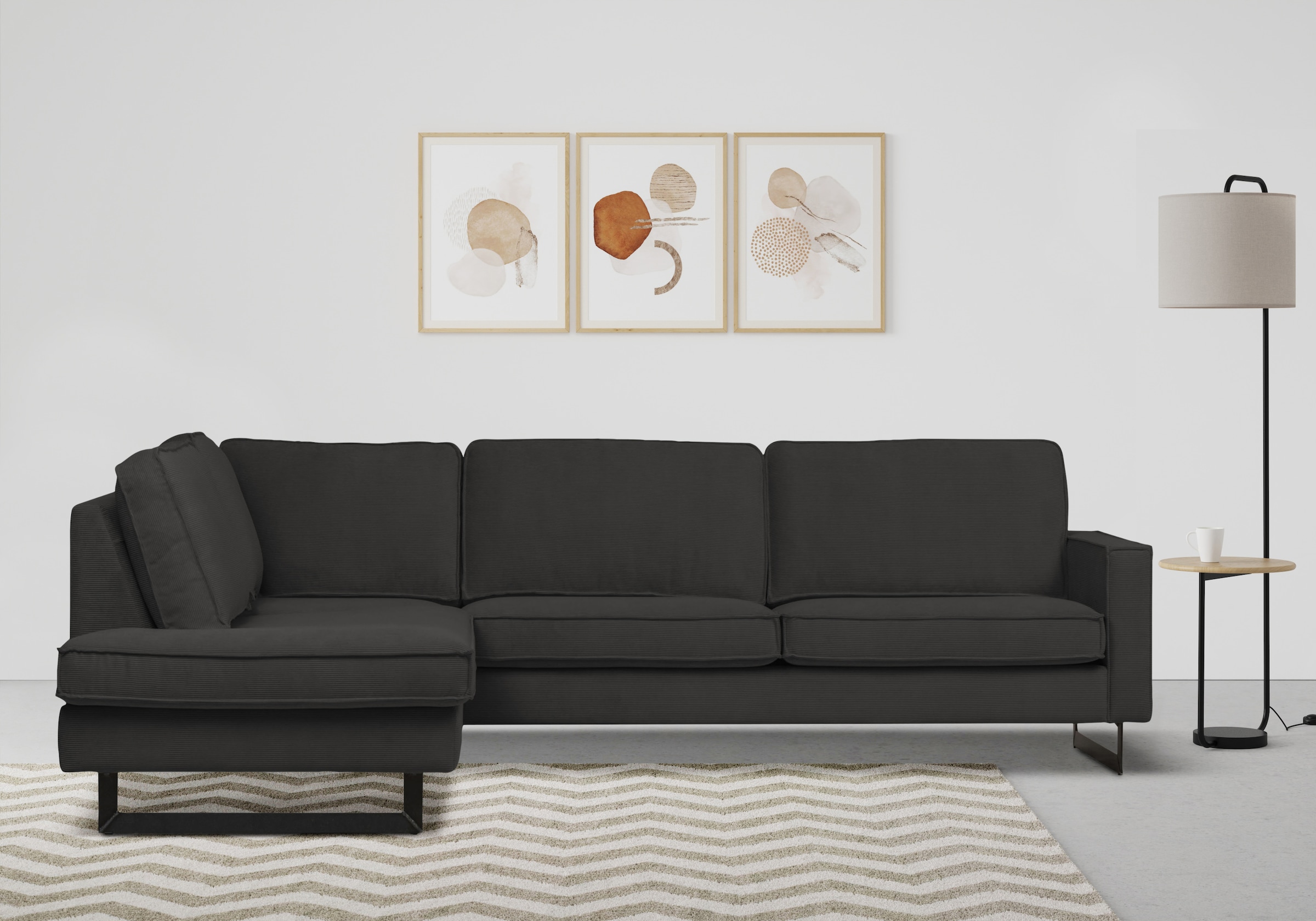 Places of Style Ecksofa »Pinto, 290 cm, Cord, Chenille, Lederoptik, Ottomane links / rechts«, mit Keder, schwarze Metallfüsse, Wellenunterfederung