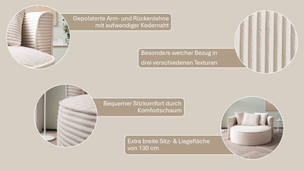 LeGer Home by Lena Gercke XXL-Sessel »Isalie, Rundsessel mit Hocker, Lesesessel, Loveseat, Big-Sessel«, (Set), trendige Stoffe, mit 3 Zierkissen, grosse Sitzfläche