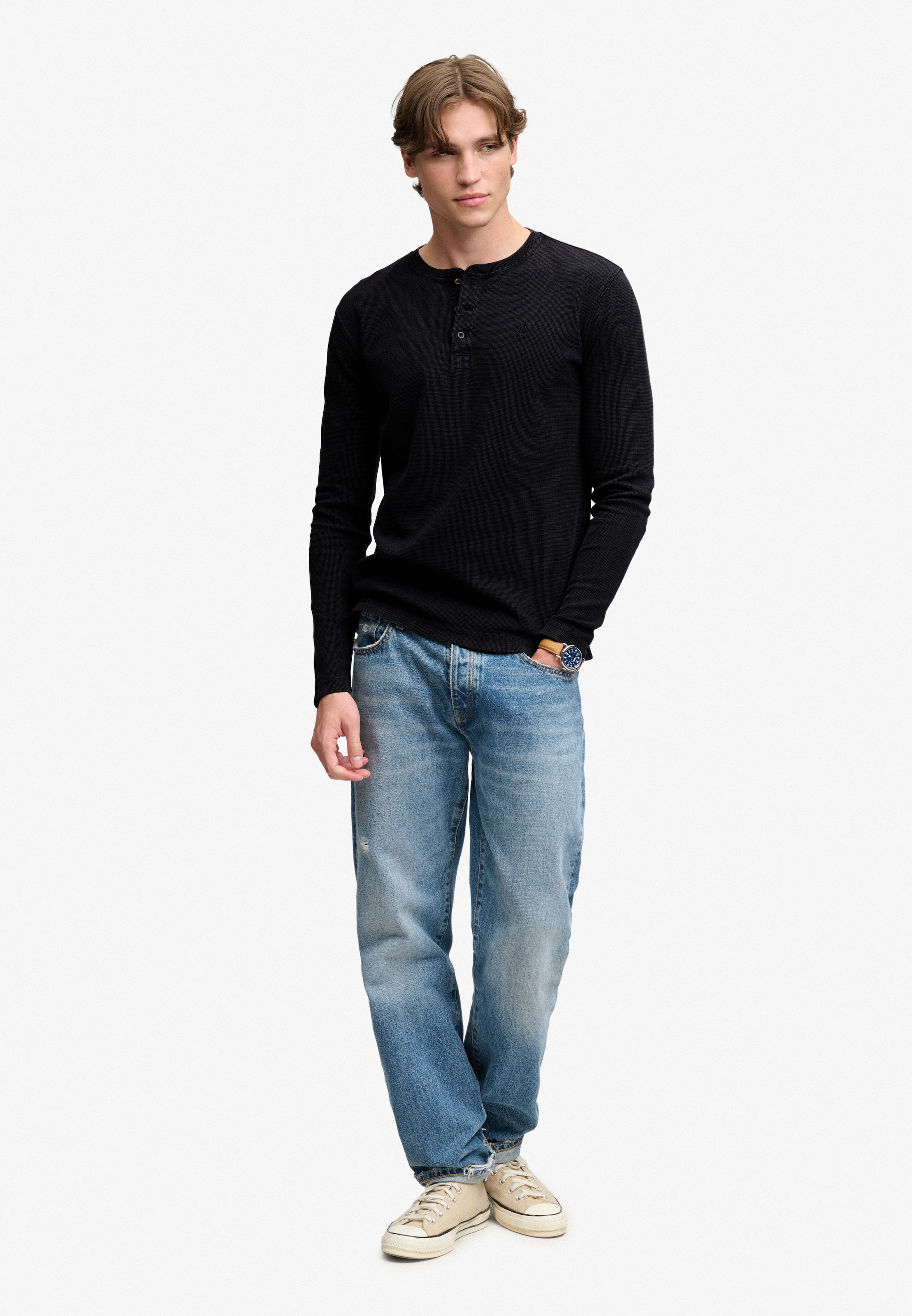 Superdry T-shirt à manches longues »WAFFLE LONG SLEEVE HENLEY TOP« Baumwolle, relaxed fit