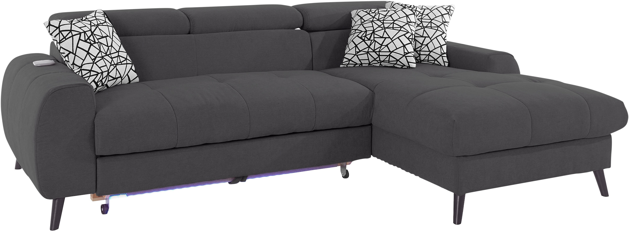 COTTA Ecksofa »Mia L-Form mit 3 Zierkissen«, wahlweise mit Bettfunktion, Bettkasten, Beleuchtung & Wireless-Charger