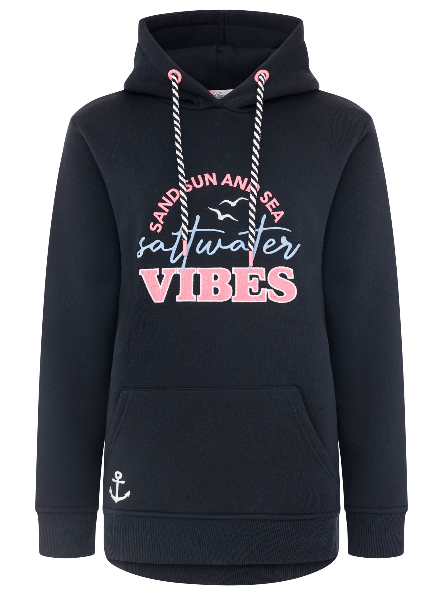 Zwillingsherz Hoodie »"Saltwater Vibes"«, broderie frontale marine, capuche avec cordon rayé, poche kangourou
