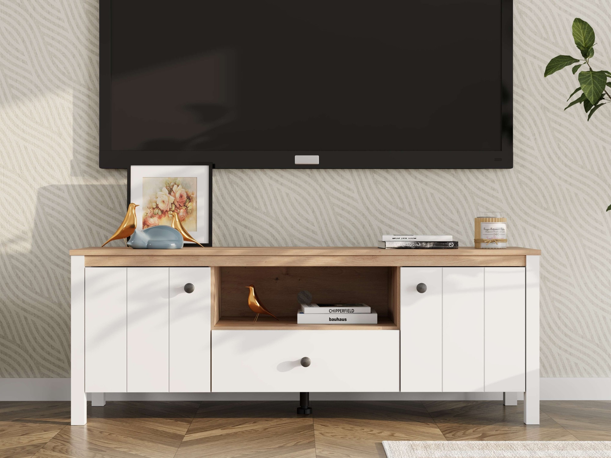 Image of Home affaire Lowboard "BEDFORD, TV-Board, TV-Kommode, TV-Schrank, TV-Möbel im Landhausstil" MDF-Profil ummantelt, 2 Türen, 1 Schublade & 3 Fächer mit Metallgriff