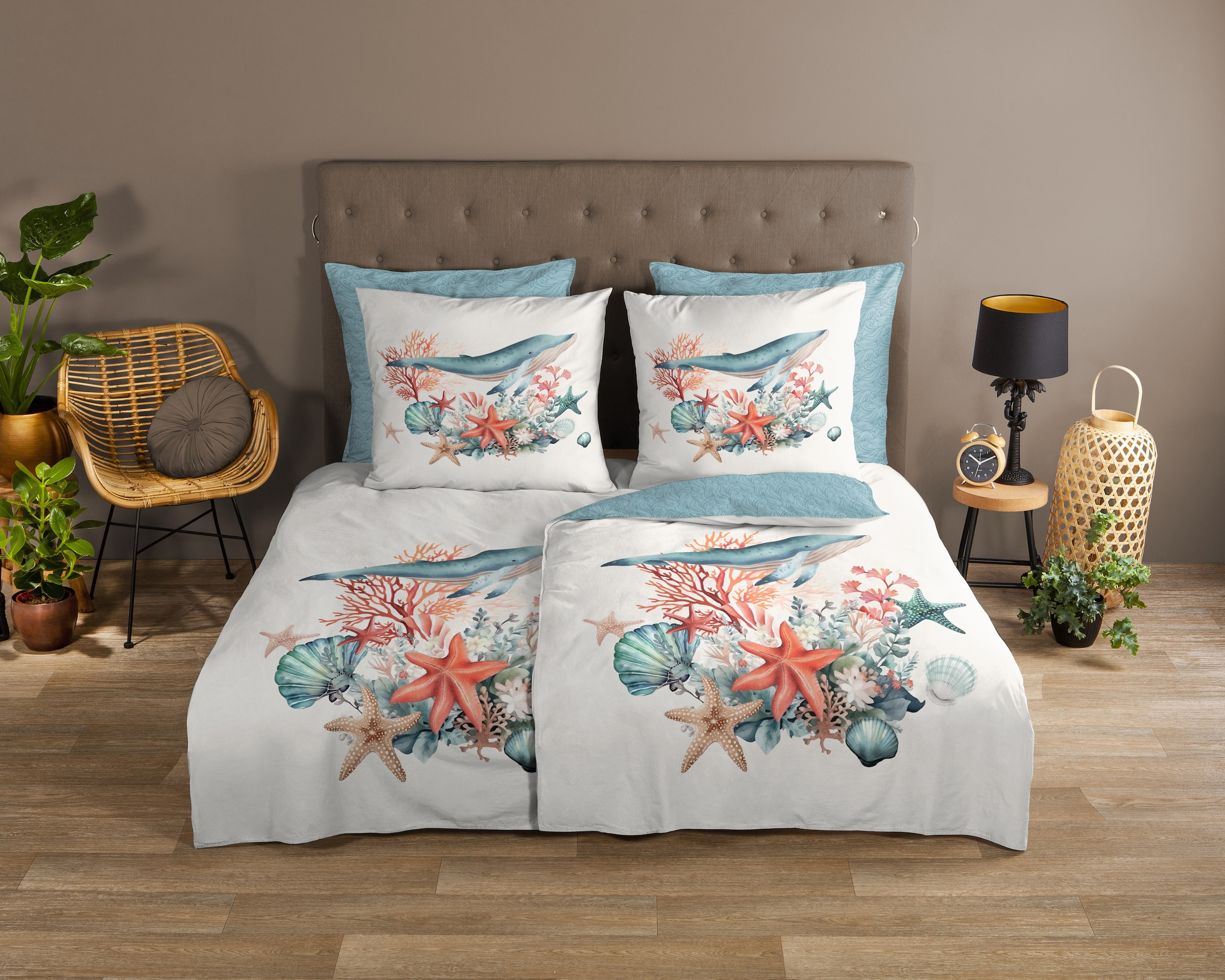 good morning Wendebettwäsche »Ocean« 2 Stk. tlg. 100% Baumwolle, Reissverschluss, Wendeoptik, Maritim, Meer, Türkis Weiss