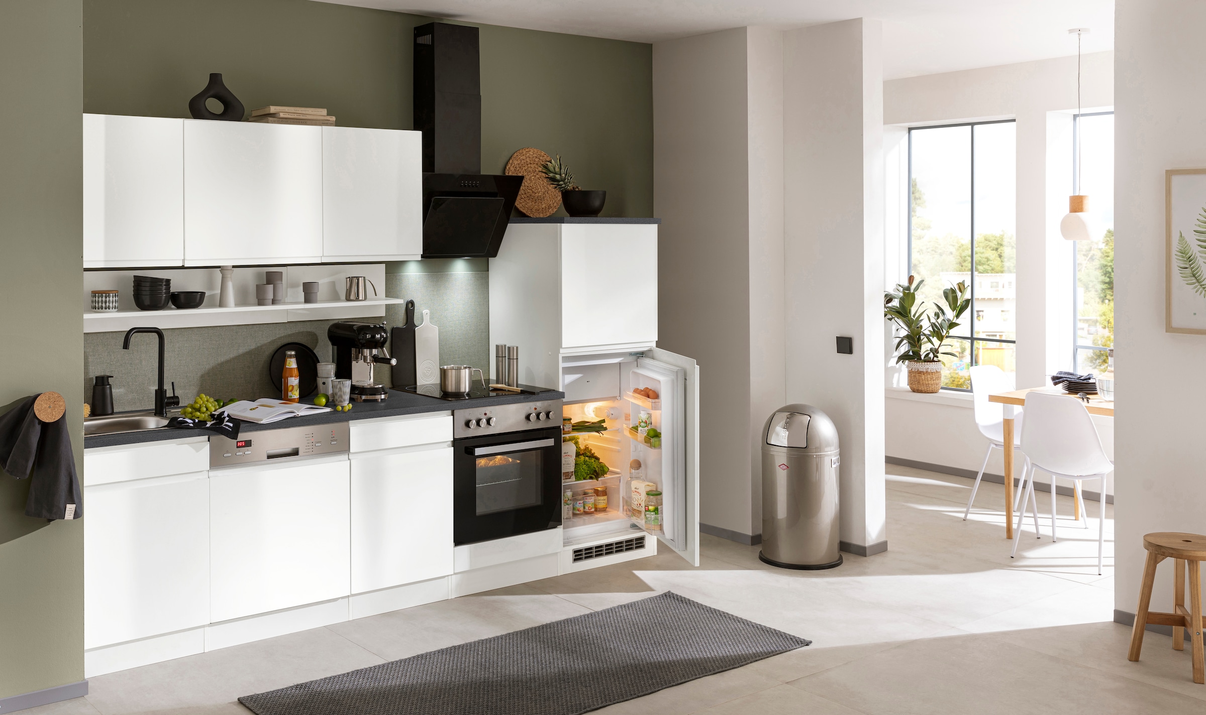 KOCHSTATION Küchenzeile »KS-Virginia,neu in verbesserter Ausführung« Arbeitsplatte 38 mm stark, Stauraum, Softclose,  Breite 280 cm, Soft-Close, wahlweise mit E-Geräten