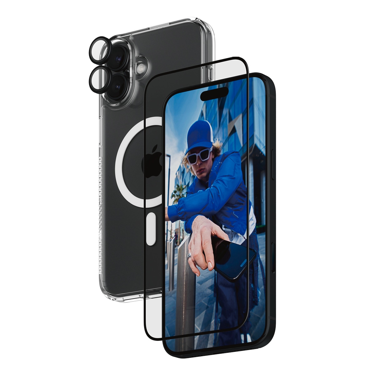 PanzerGlass Displayschutzglas »3-in-1 Protection, Glass, Hoops, Case«, für Apple iPhone 16 Plus, Displayschutzfolie, Schutzfolie, Bildschirmschutz, kratz- & stossfest