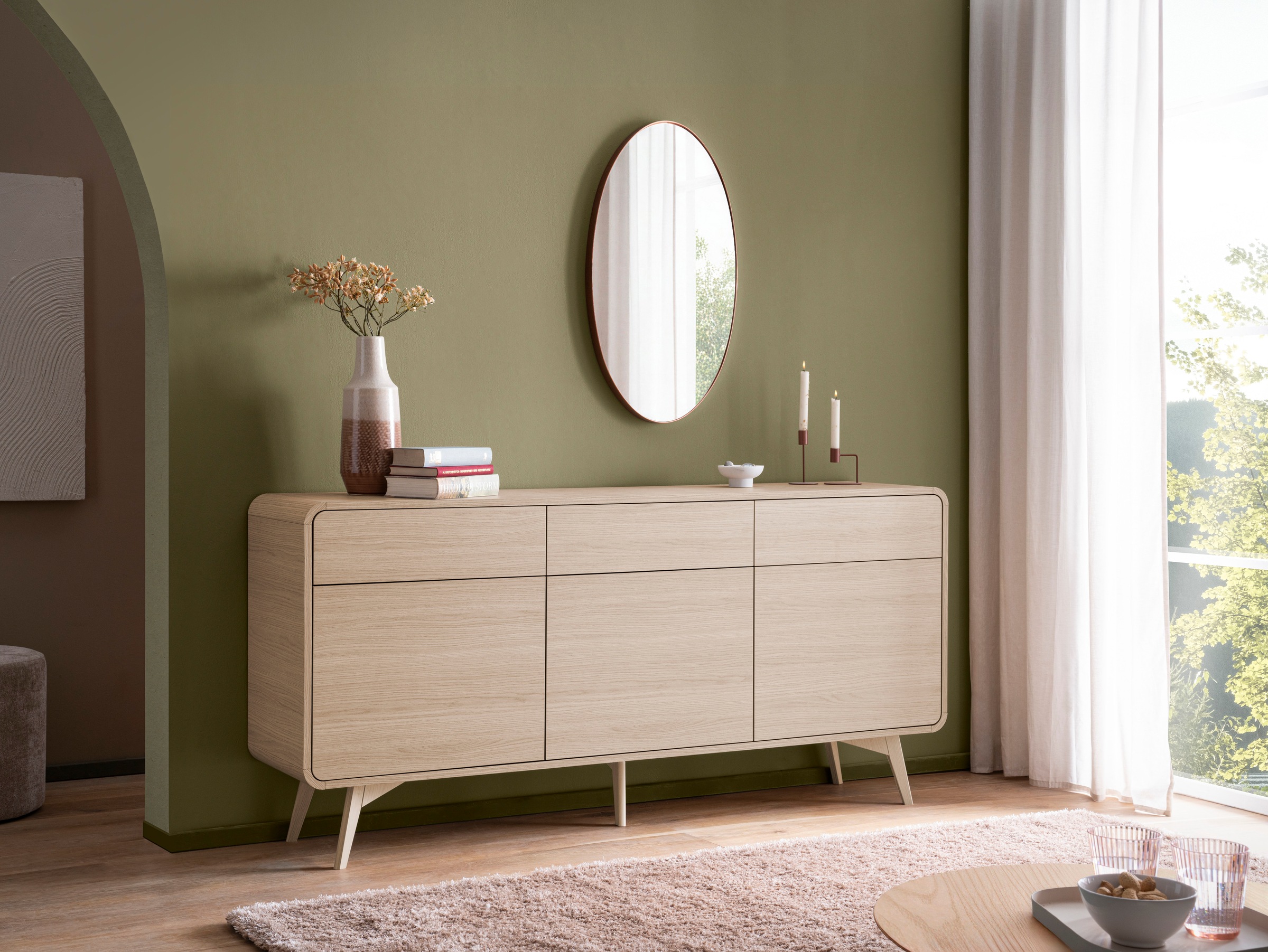 Home affaire Sideboard »Torsby, moderner Schrank, Kommode in Eiche Natur, 180 cm breit« abgerundete Ecken, ausreichend Stauraum, vielseitig einsetzbar