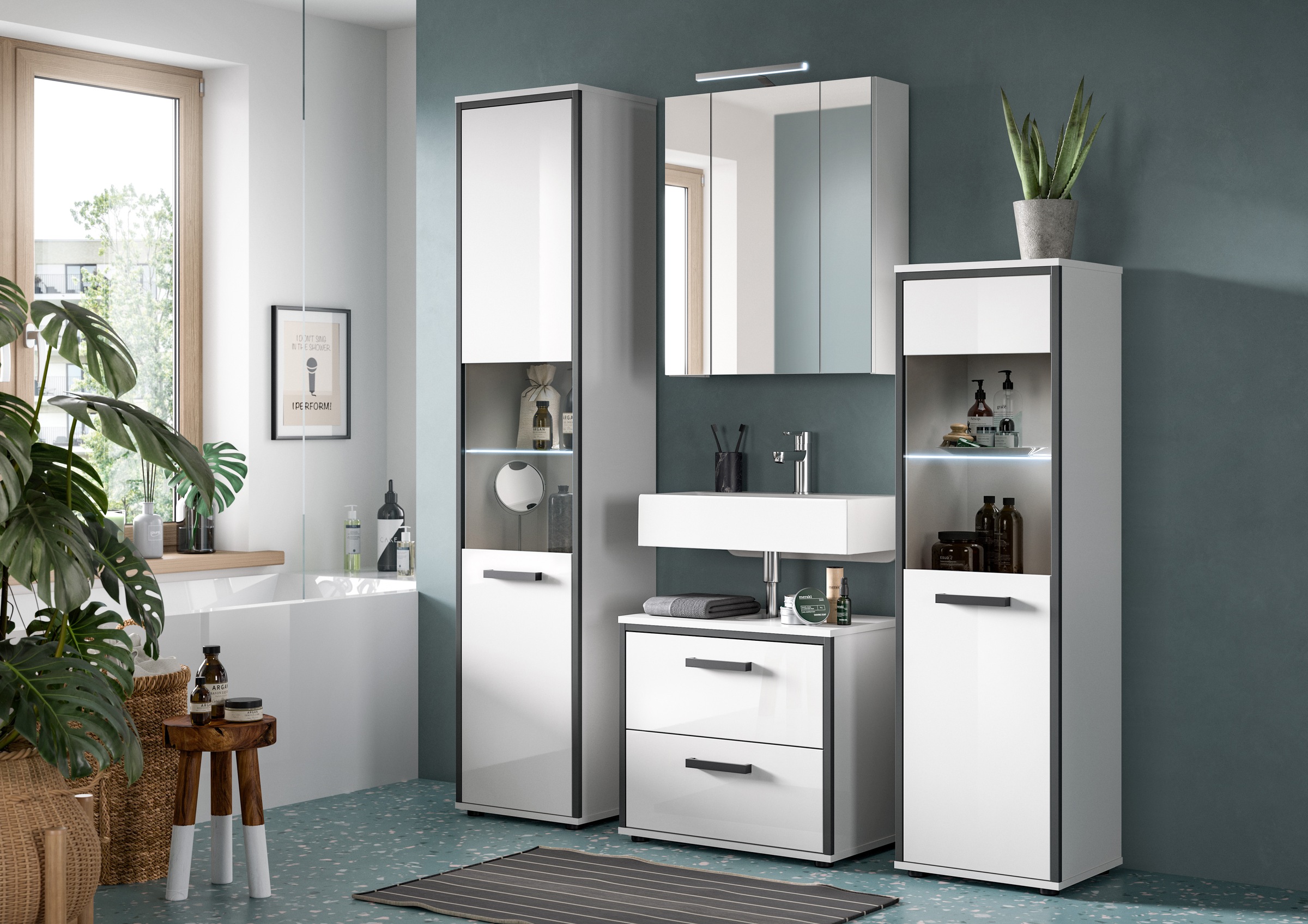 welltime Hochschrank »KAJO, hochglanz Front, inkl. Beleuchtung, Glastür, 6 Fächer« 2 Stk. tlg. Badschrank, Hochschrank, Bad, Badezimmer