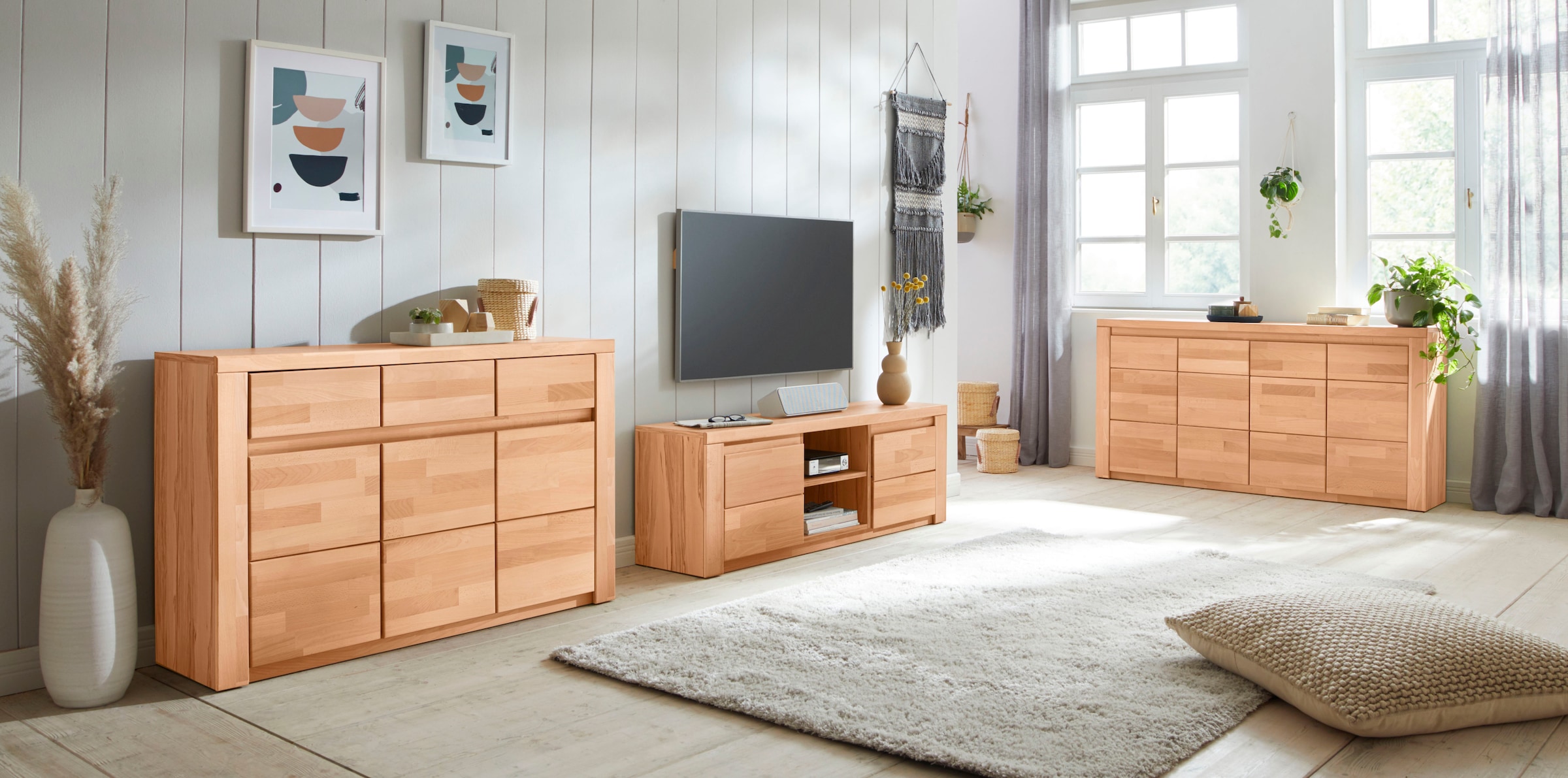 Home affaire Sideboard »Burano,127cm breit, Fronten Massivholz,3 Türen,3 Schubladen,6 Fächer«, Holz massiv,Holzwerkstoff,Griffmulden,Böden variabel einsetzbar