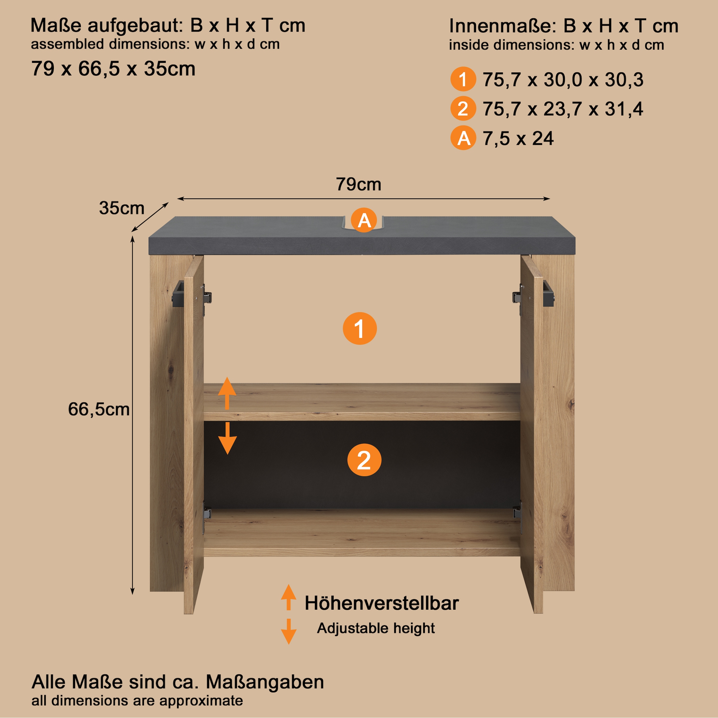 welltime Waschbeckenunterschrank »Ambres«, Waschbeckenunterschrank mit 2 Türen - (B/T/H) 79/35/67 cm