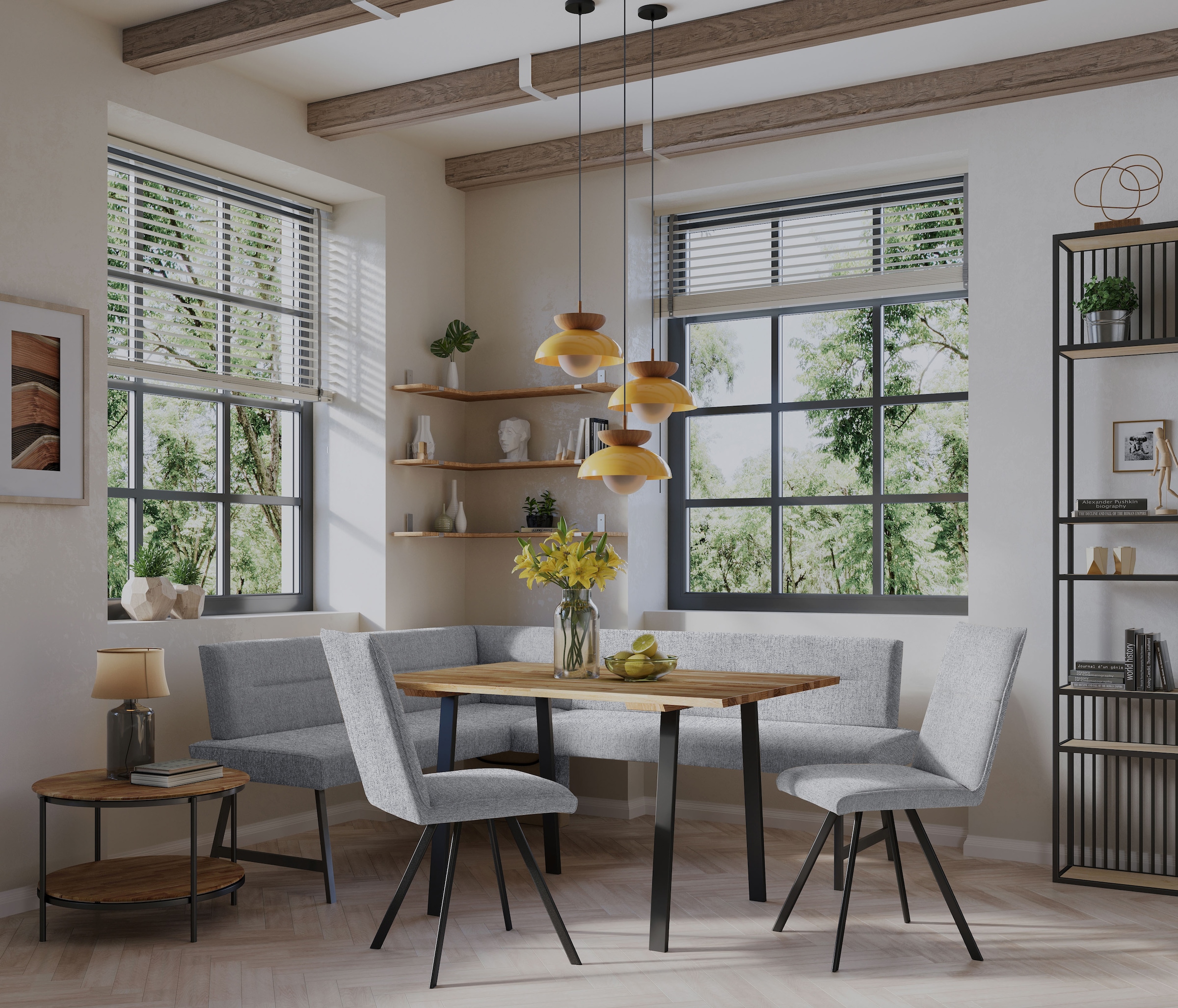 Home affaire Ensemble de bancs d'angle »Sava« Set, 4 cuis tlg. Eckbank mit Wellenfederung im Sitz, Tisch Massiv Eiche