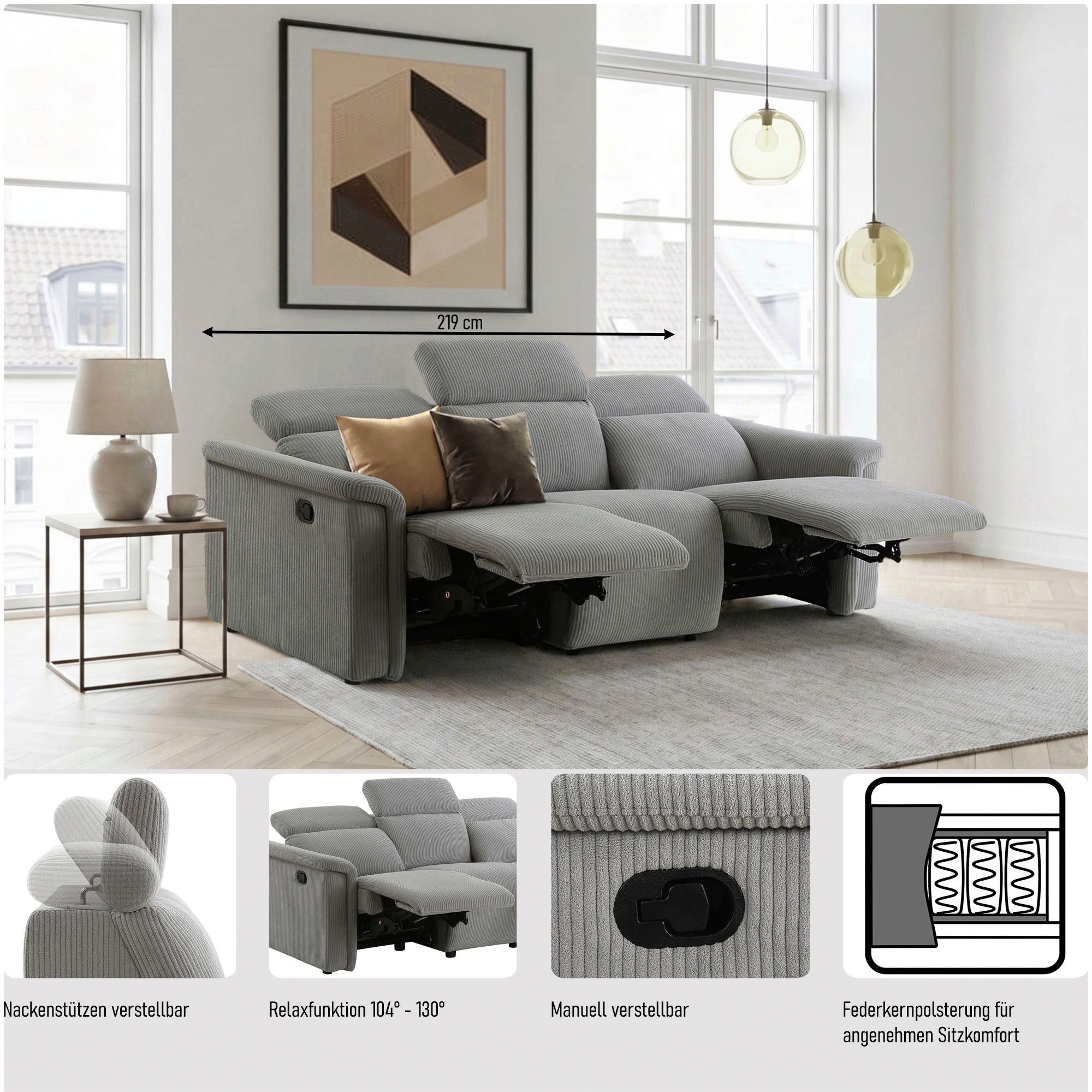 GOODproduct 3-Sitzer »LUND NEW Struktur (219cm), man./elektr. Relaxfunktion in 2 Sitzen« USB-A/C bei elektrischer Variante und Kopfteilverstellung