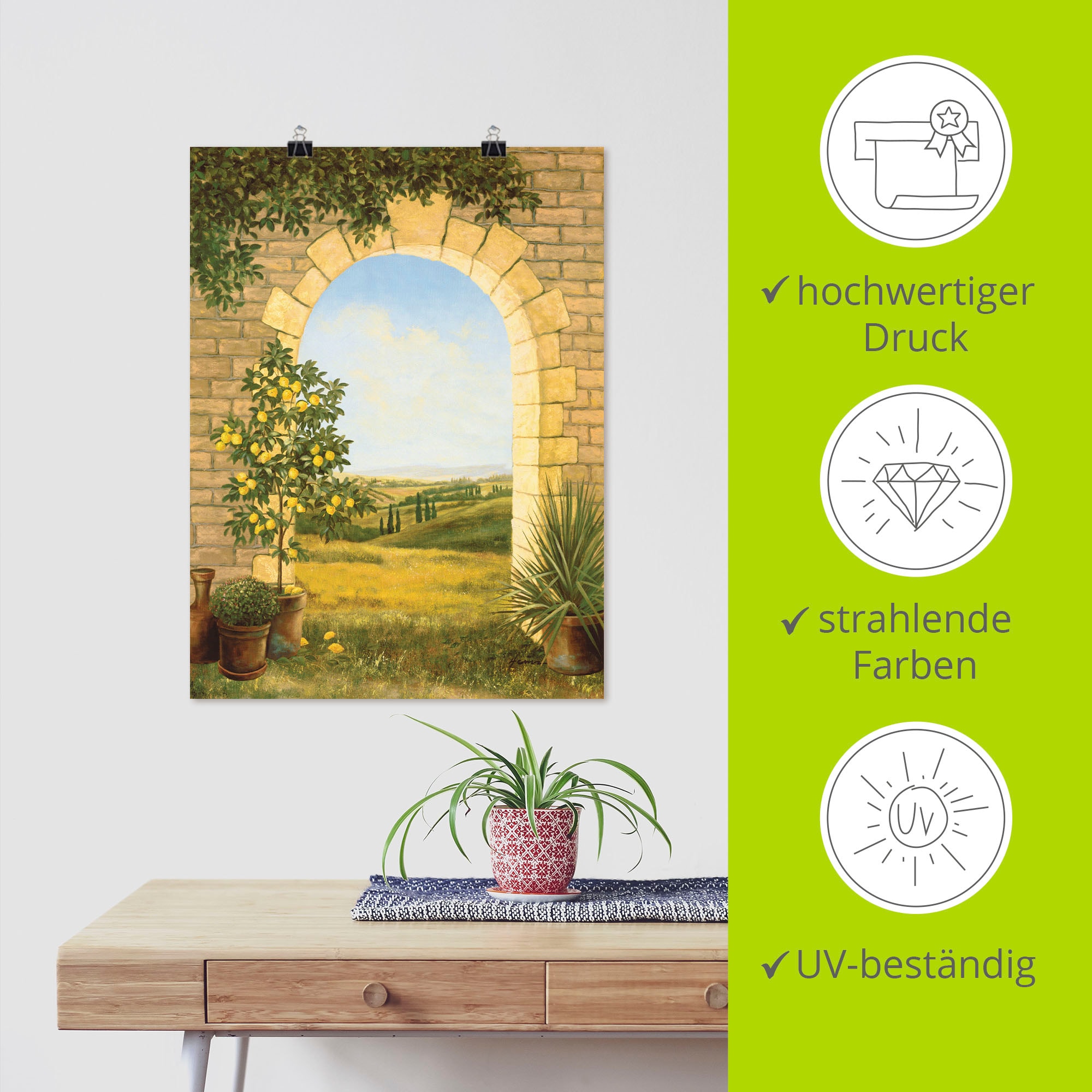 Artland Wandbild »Zitronenbaum vorm Torbogen II« Fensterblick 1 Stk. tlg. als Leinwandbild, Poster in verschied. Grössen