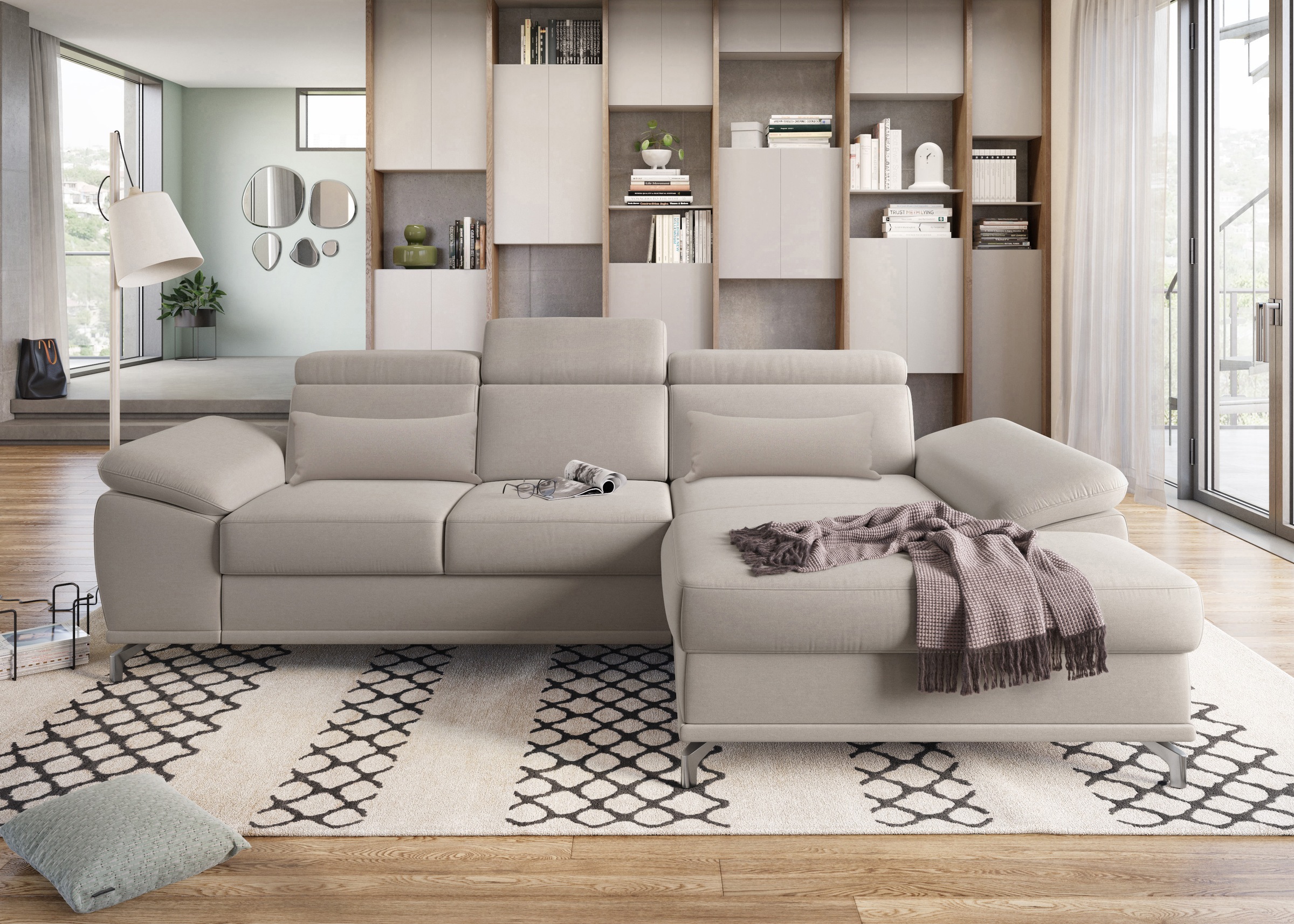 sit&more Ecksofa »Cabrio L-Form, mit Sitztiefenverstellung, Arm- und Kopfteilverstellung«, 2 Nierenkissen, Federkern, optional Bettfunktion und Stauraum