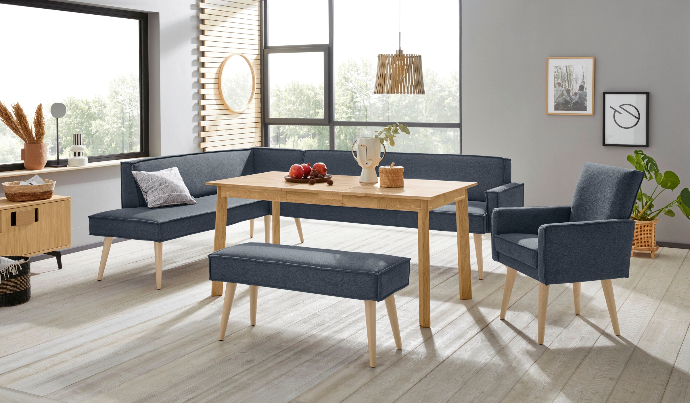 exxpo - sofa fashion Eckbank »Lungo, moderne Kedernaht, bequem und elegant, hoher Holzfuss«, hochwertige Detailverarbeitung, frei im Raum stellbar