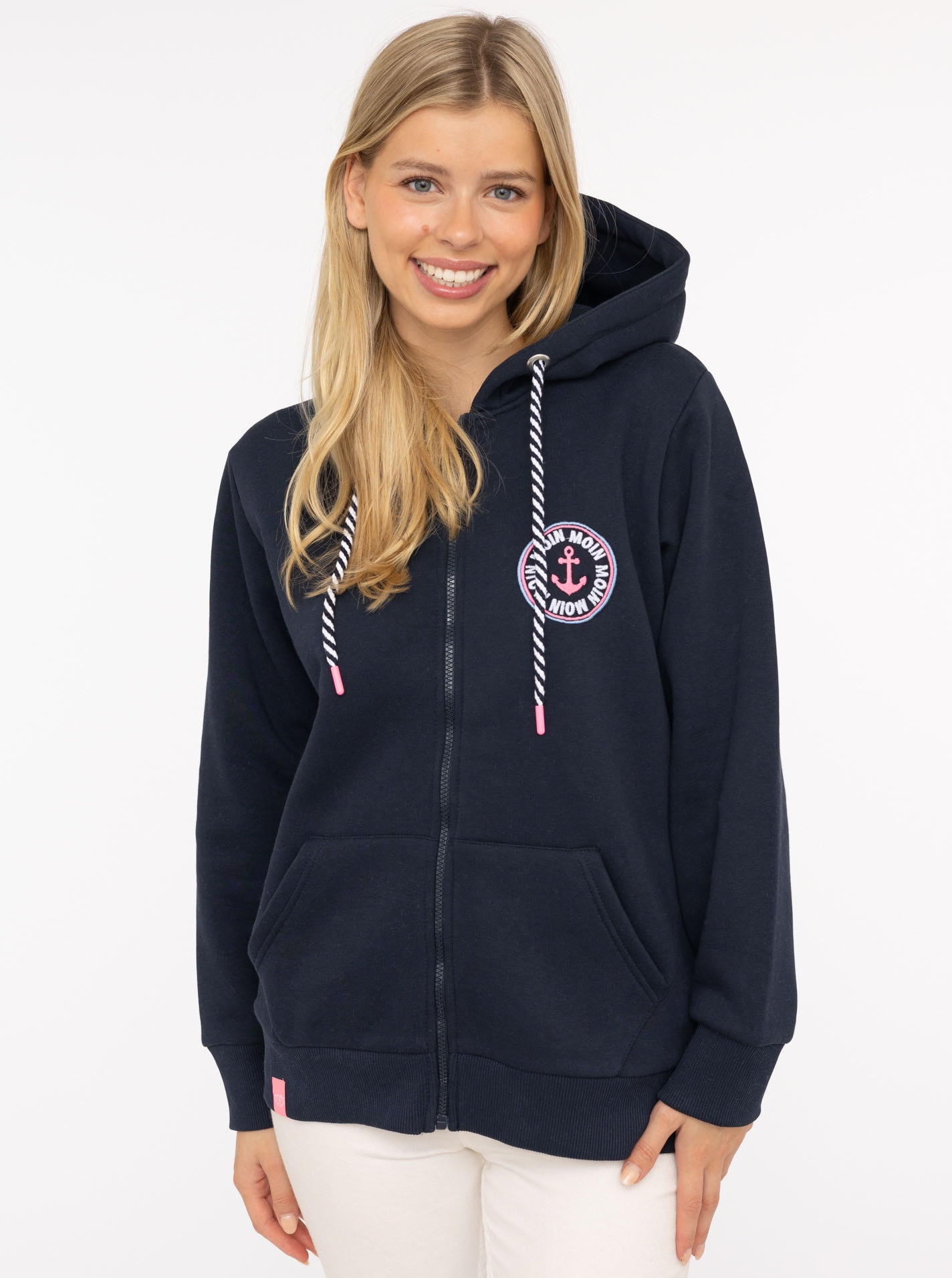 Image of Zwillingsherz Kapuzensweatjacke ""Anker Kreis Classic"" Langarm, Reissverschluss, Stickerei am Rücken, Kapuze, Taschen