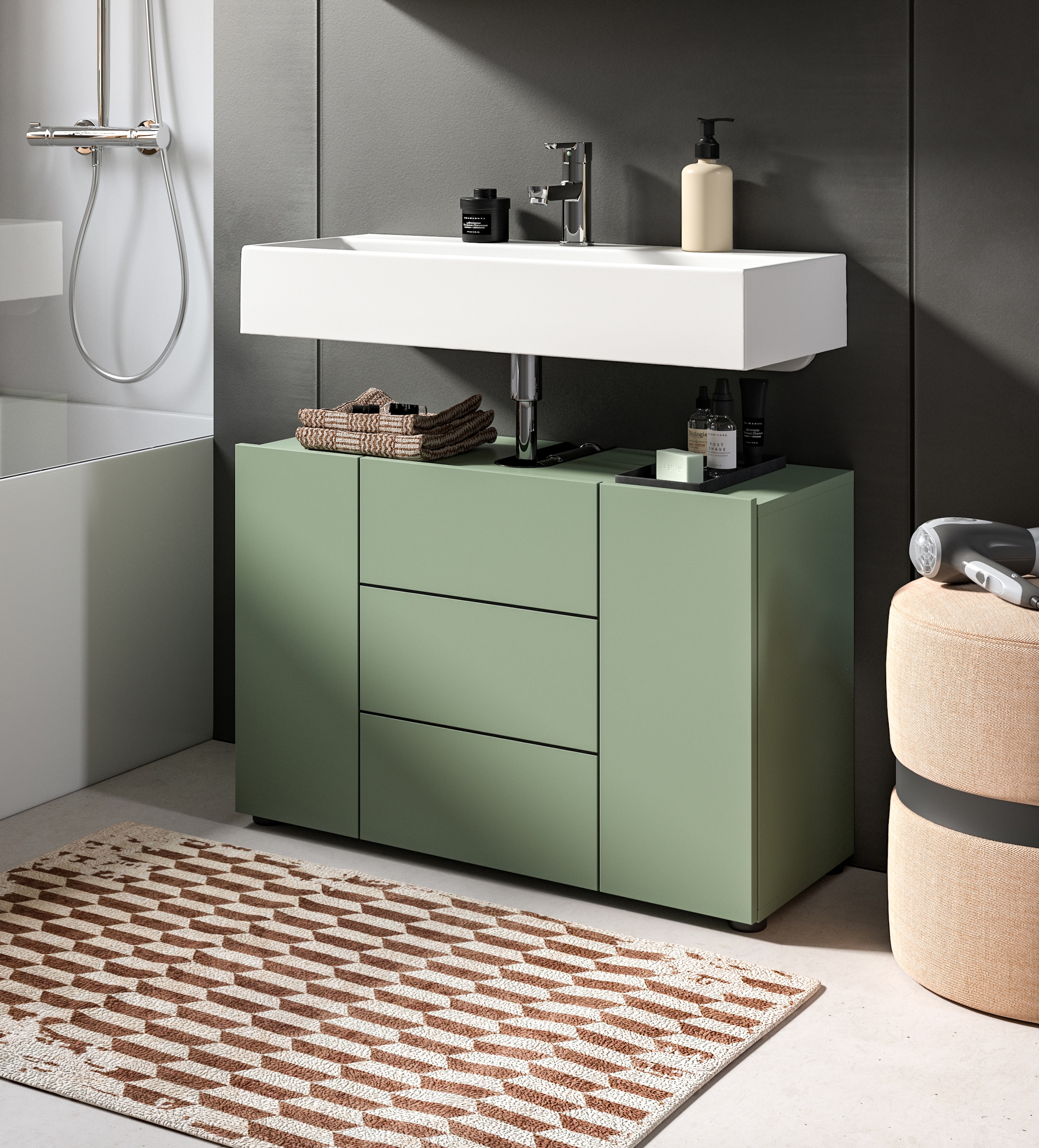 welltime Armoire sous lavabo »BIEL, Breite: 82 cm, 3 Türen, 4 Fächer, Siphonausschnitt« 1 cuis tlg. meuble sous lavabo, meuble bas, WBU, salle de bain, bain