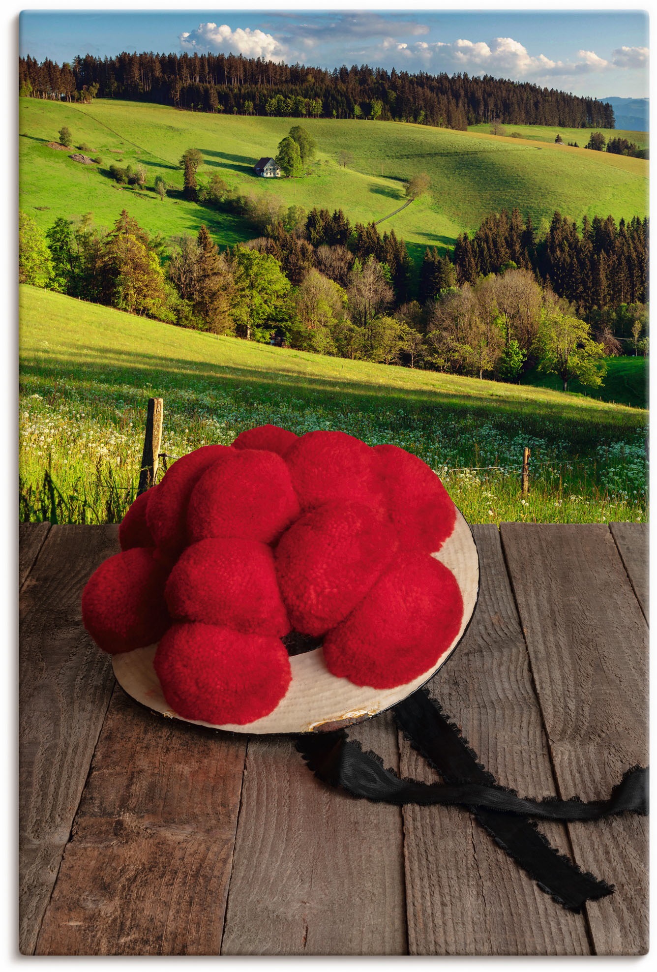 Image of Artland Wandbild »Schwarzwälder Bollenhut auf Holztisch«, Wiesen & Baumbilder, (1 St.), in vielen Grössen & Produktarten - Alubild / Outdoorbild für den Aussenbereich, Leinwandbild, Poster, Wandaufkleber / Wandtattoo auch für Badezimmer geeignet bei Acker
