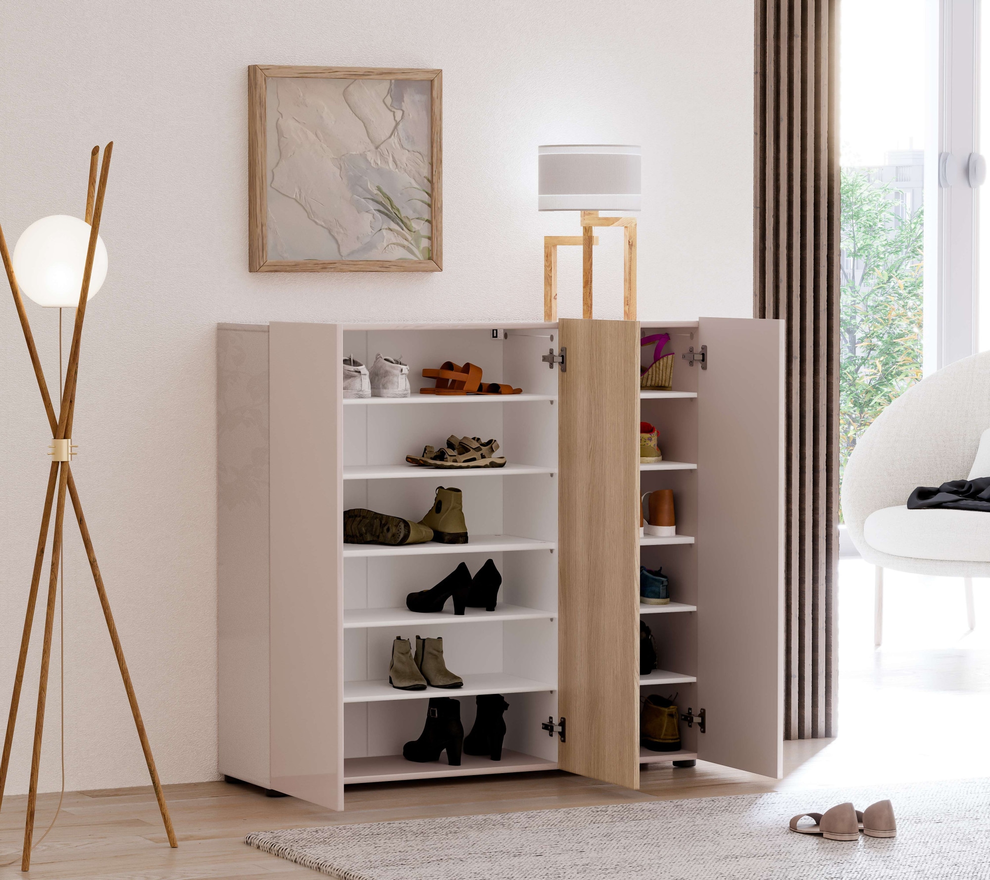 Home affaire Schuhschrank »LADY, Schuhkommode,Schuhmöbel,Schuhablage,Schuhregal« Korpus und weisse Türen hochglänzend lackiert.,  10 Einlegeböden,12 Fächer,ca. 24 Paar Schuhe-Masse: B/T/H:120x34x115 cm