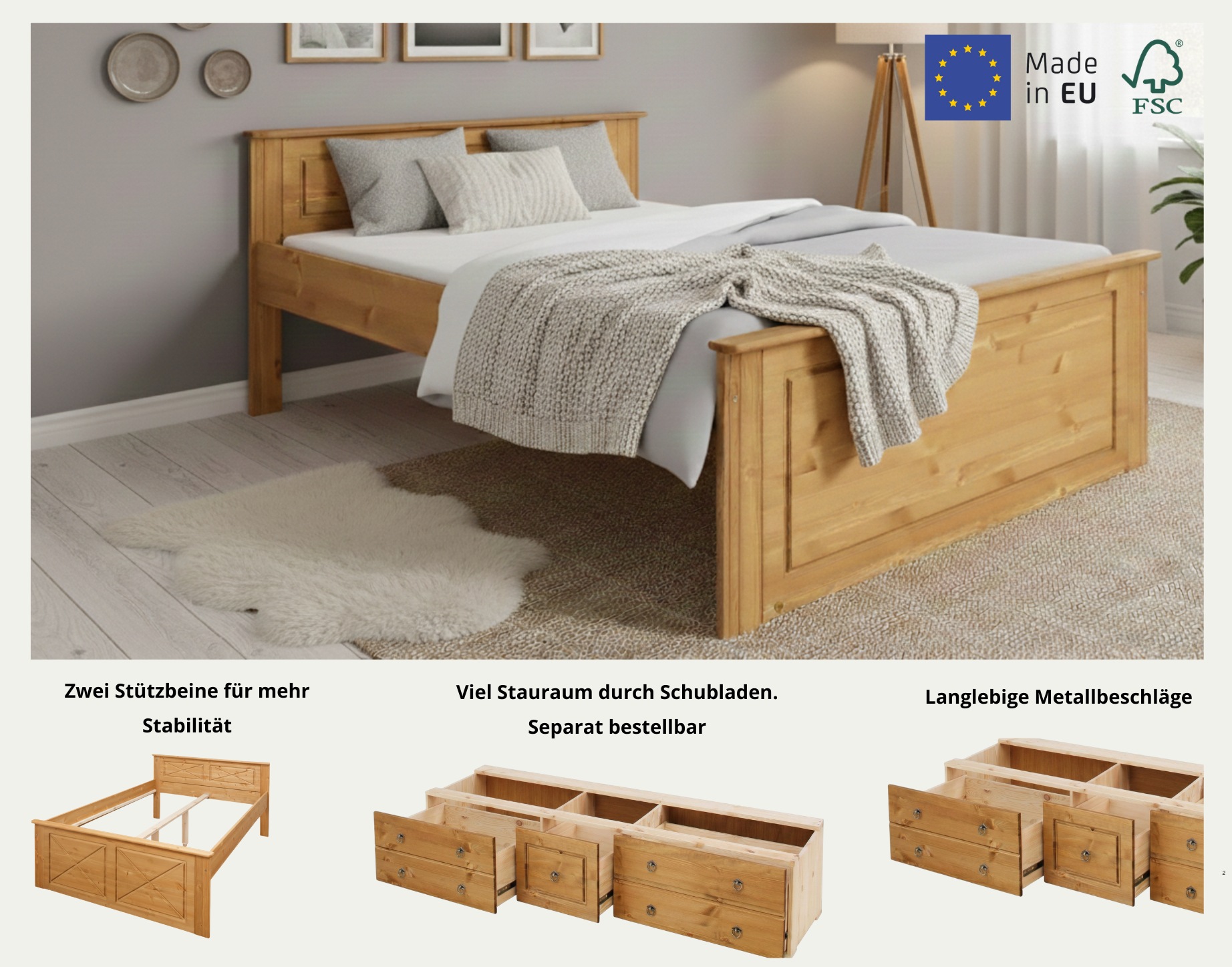 OTTO home Massivholzbett "Hugo, FSC zertifiziert, Landhausstil, zeitlos und edel" auch als Super Sparset inklusive Schubkästen, Stauraumbett, extra belastbar, Made in EU, viele Breiten