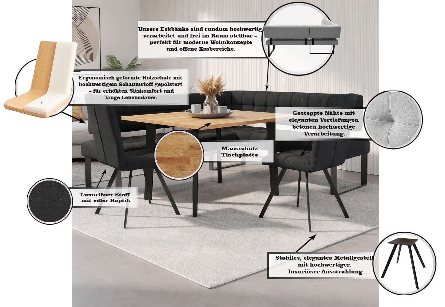 Home affaire Eckbankgruppe »Mia Essecke, Sitzgruppe, Eckbankgruppe, Küchenbankgruppe« Set, 4er, 4 tlg. Eckbank mit Wellenfederung; Tisch in Eiche massiv